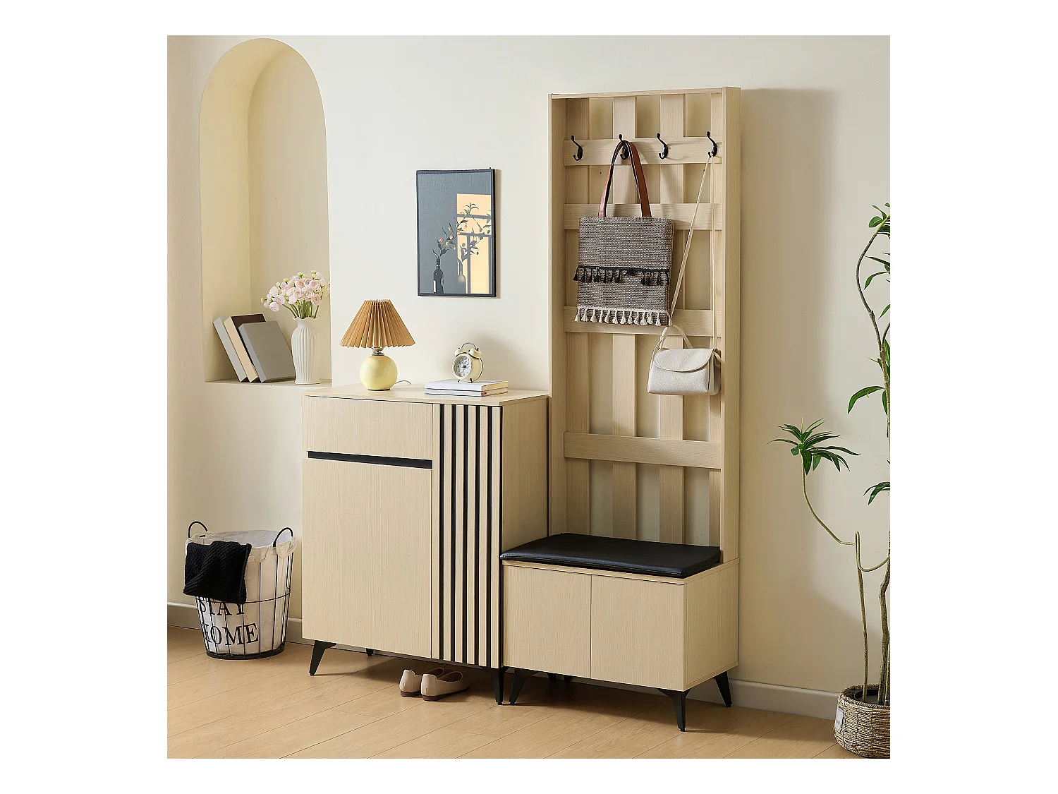 Vestiaire moderne avec banc et buffet/meuble à chaussures - 135 x 35 x 179.5 cm - pour couloir et slaon - MDF - naturel