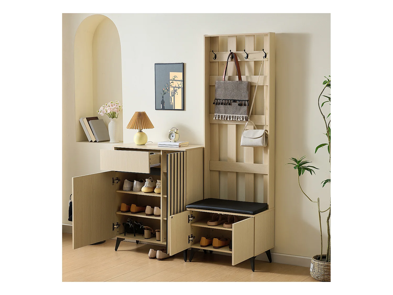 Vestiaire moderne avec banc et buffet/meuble à chaussures - 135 x 35 x 179.5 cm - pour couloir et slaon - MDF - naturel
