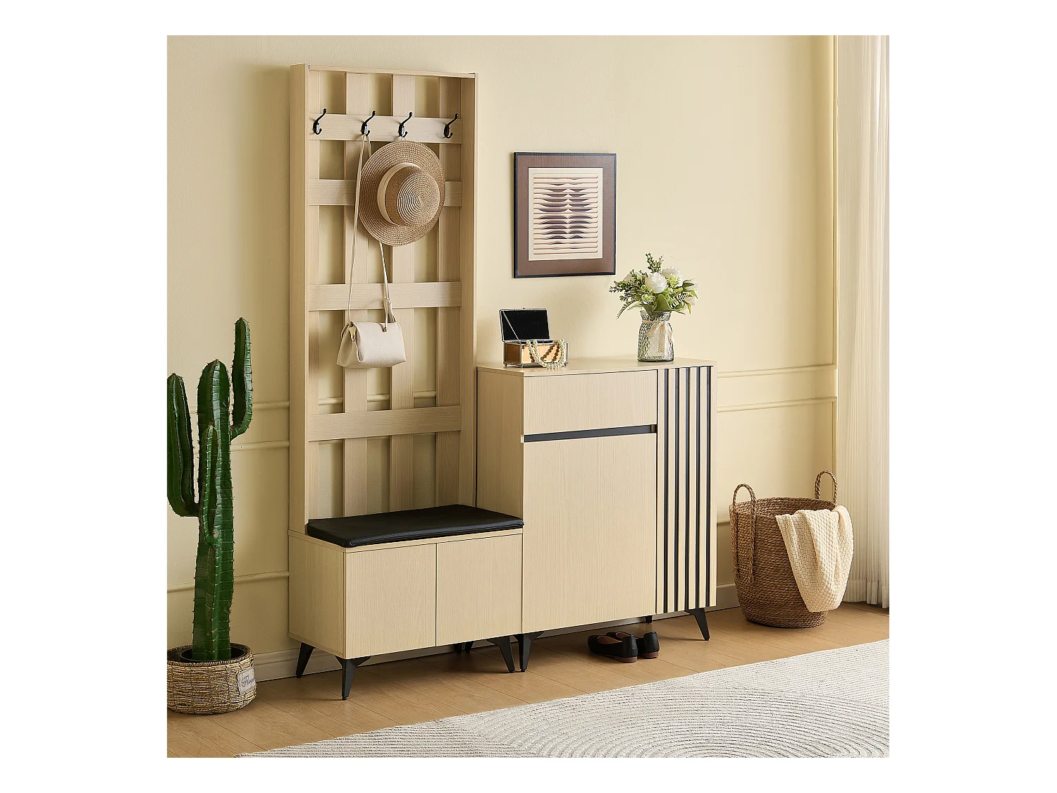 Vestiaire moderne avec banc et buffet/meuble à chaussures - 135 x 35 x 179.5 cm - pour couloir et slaon - MDF - naturel