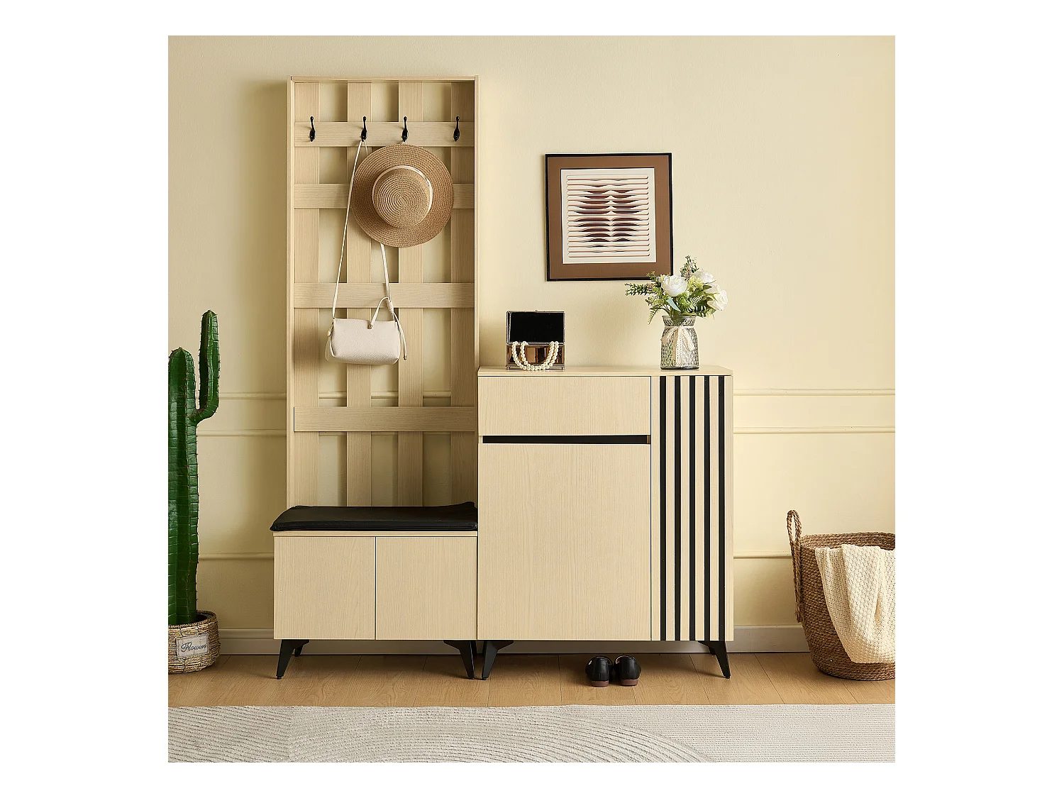 Vestiaire moderne avec banc et buffet/meuble à chaussures - 135 x 35 x 179.5 cm - pour couloir et slaon - MDF - naturel