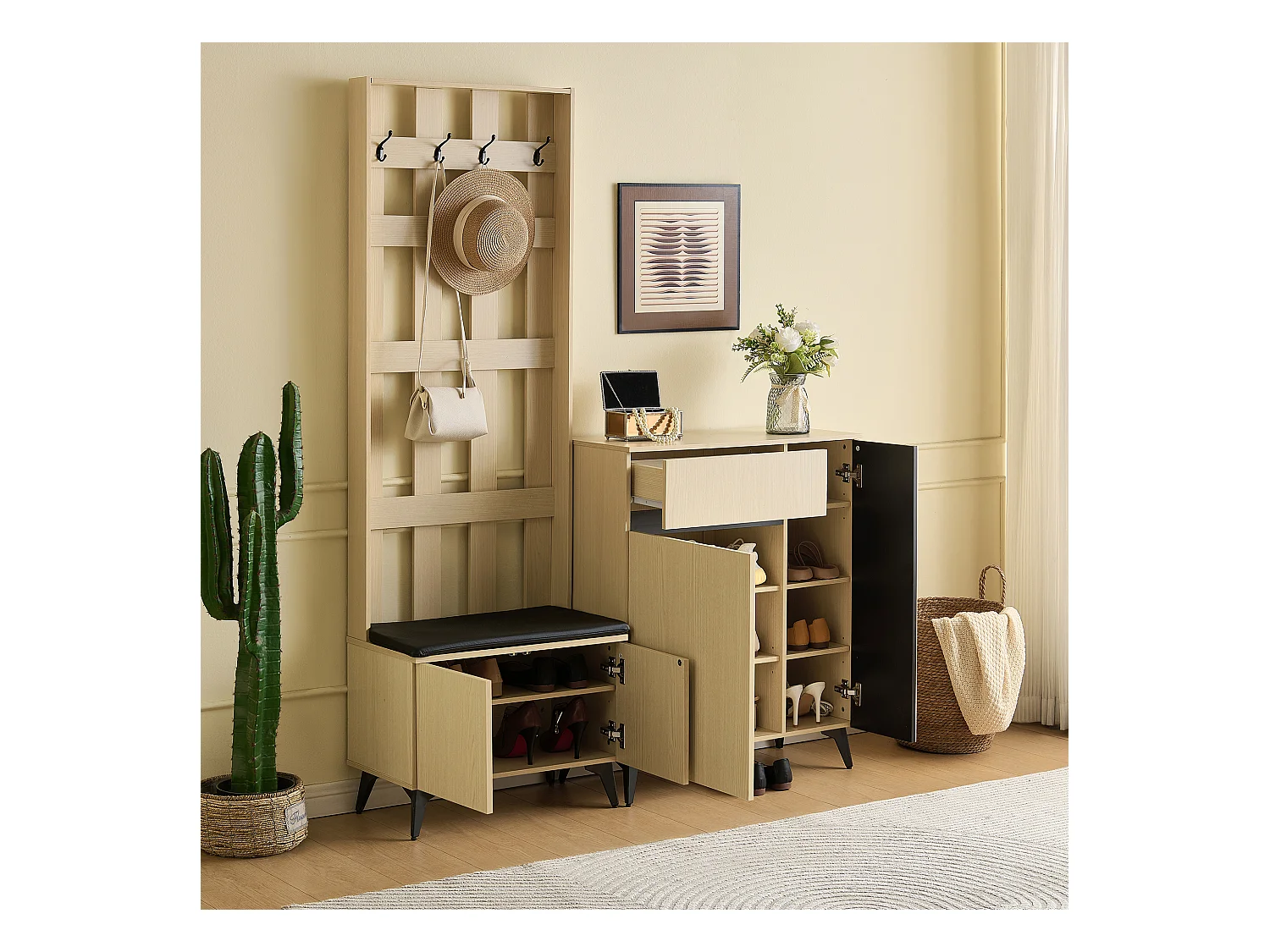 Vestiaire moderne avec banc et buffet/meuble à chaussures - 135 x 35 x 179.5 cm - pour couloir et slaon - MDF - naturel