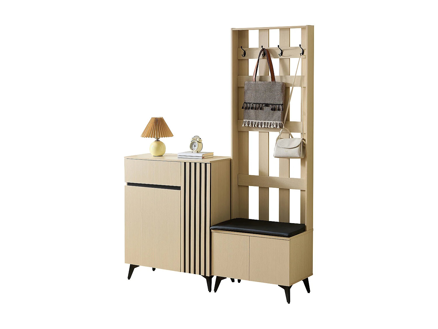 Vestiaire moderne avec banc et buffet/meuble à chaussures - 135 x 35 x 179.5 cm - pour couloir et slaon - MDF - naturel