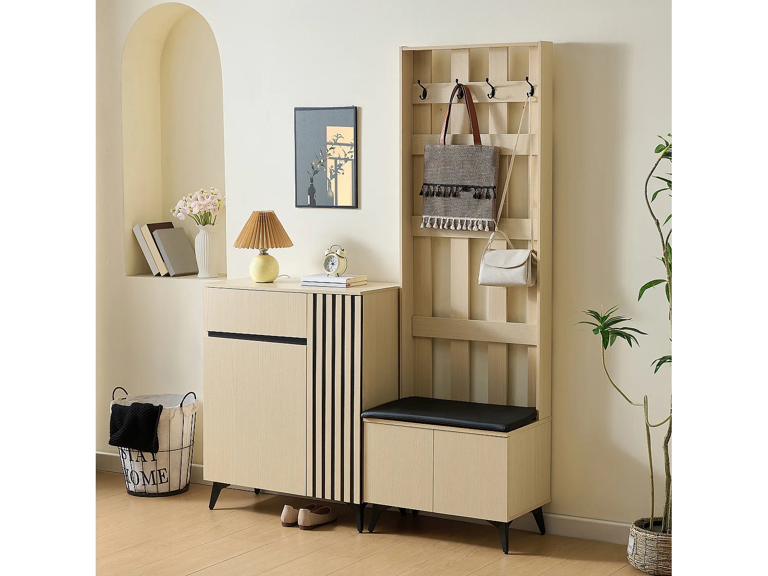 Vestiaire moderne avec banc et buffet/meuble à chaussures - 135 x 35 x 179.5 cm - pour couloir et slaon - MDF - naturel