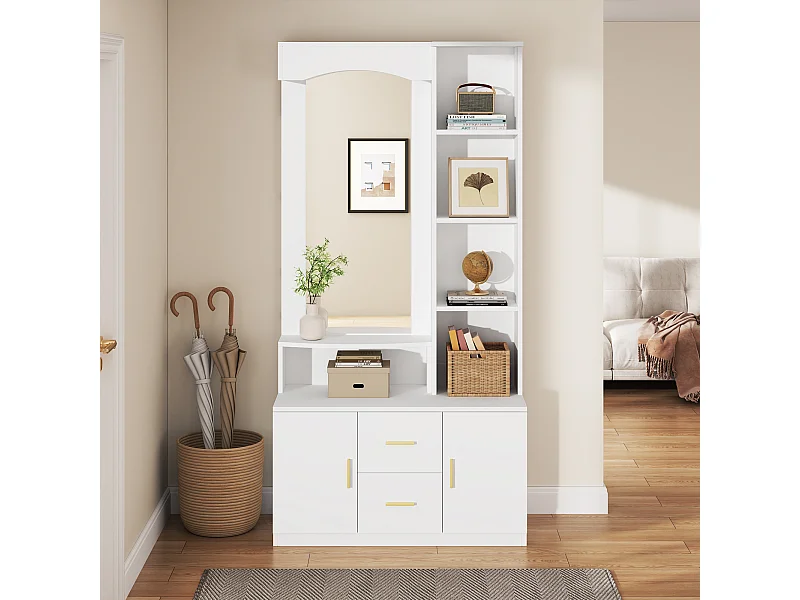 Vestiaire moderne - 90 x 40 x 180 cm - avec meuble à chaussures et miroir +  2 tiroirs et 2 portes + étagère - MDF - blanc