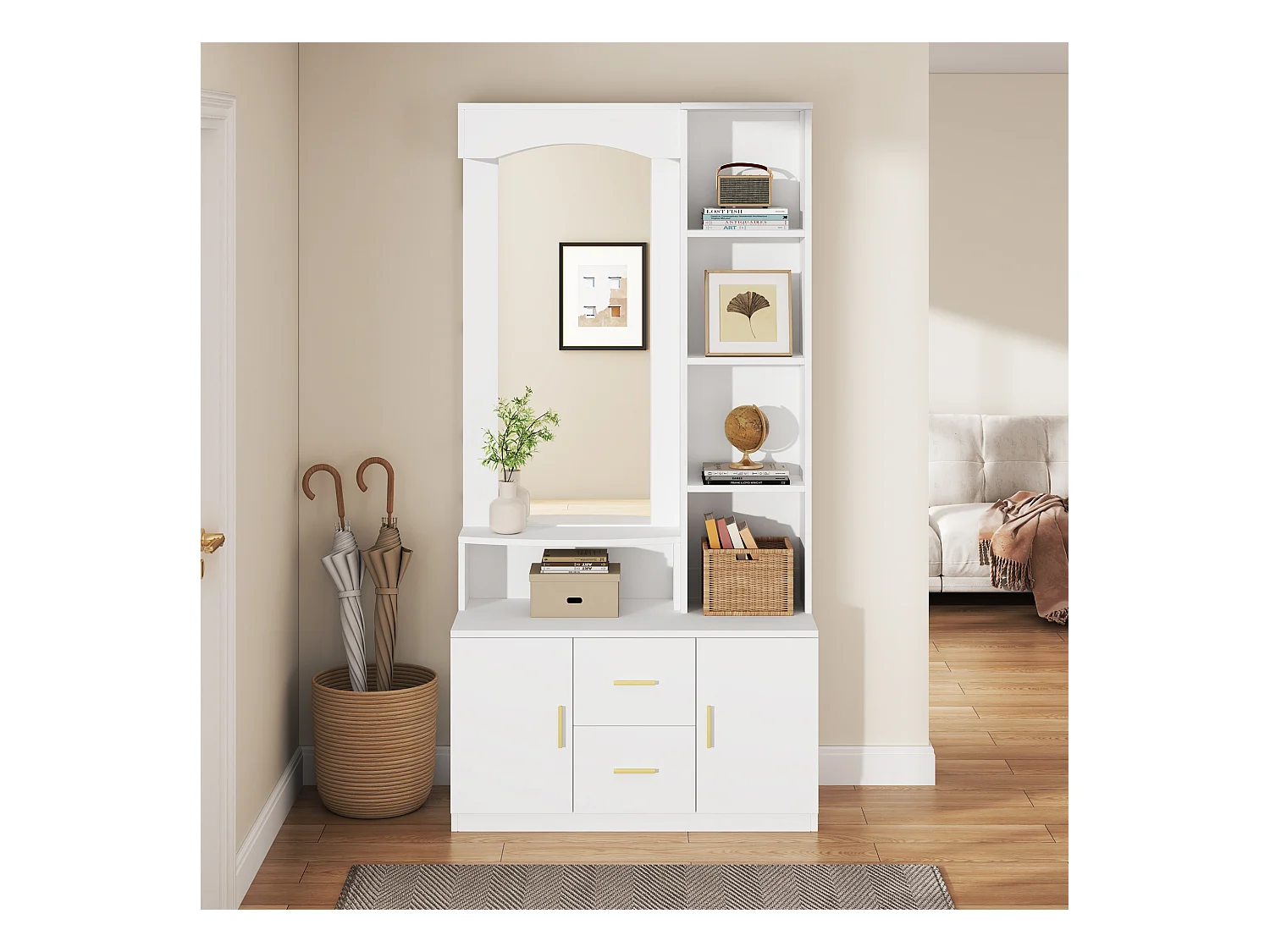 Vestiaire moderne - 90 x 40 x 180 cm - avec meuble à chaussures et miroir +  2 tiroirs et 2 portes + étagère - MDF - blanc