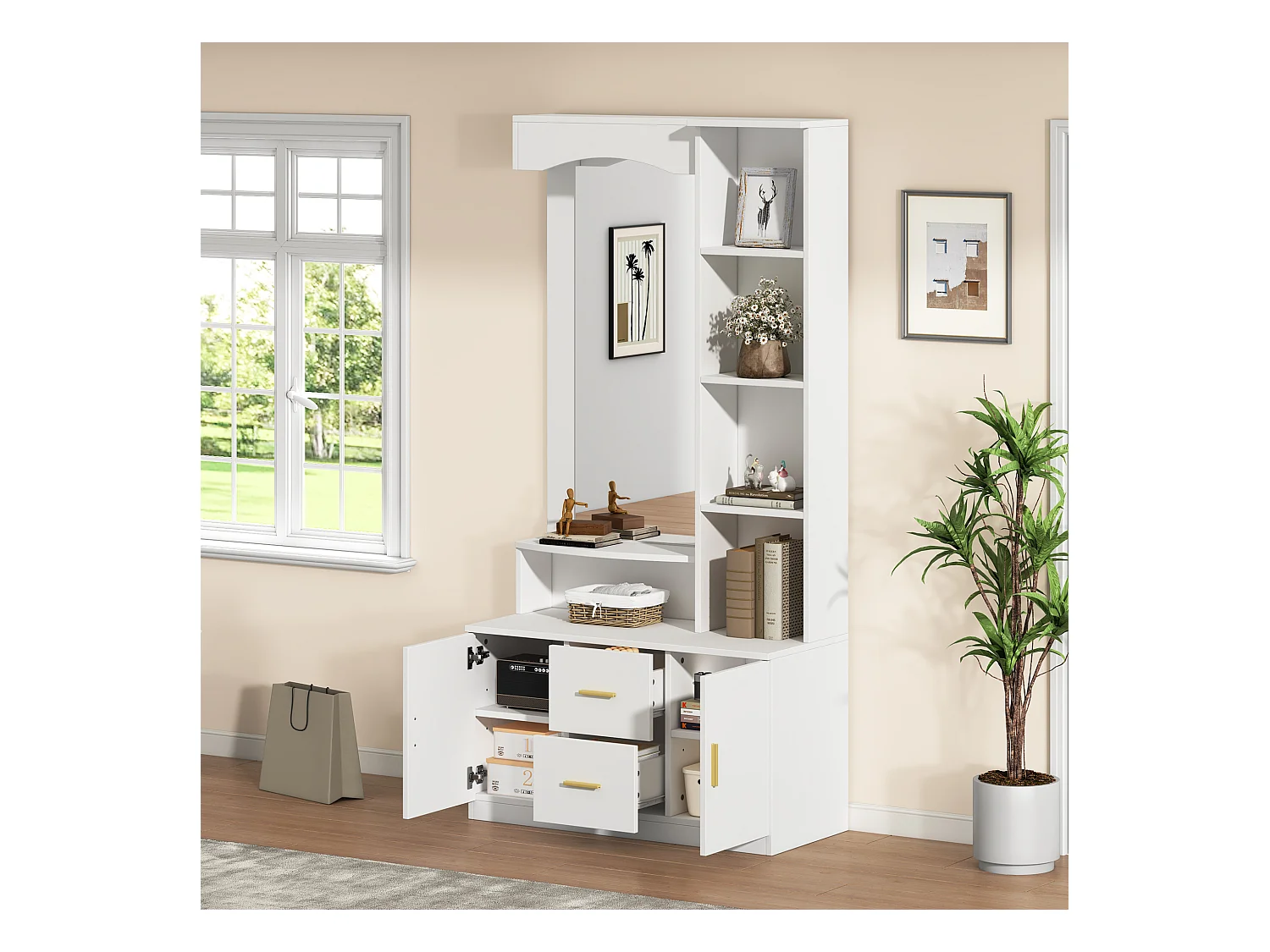 Vestiaire moderne - 90 x 40 x 180 cm - avec meuble à chaussures et miroir +  2 tiroirs et 2 portes + étagère - MDF - blanc