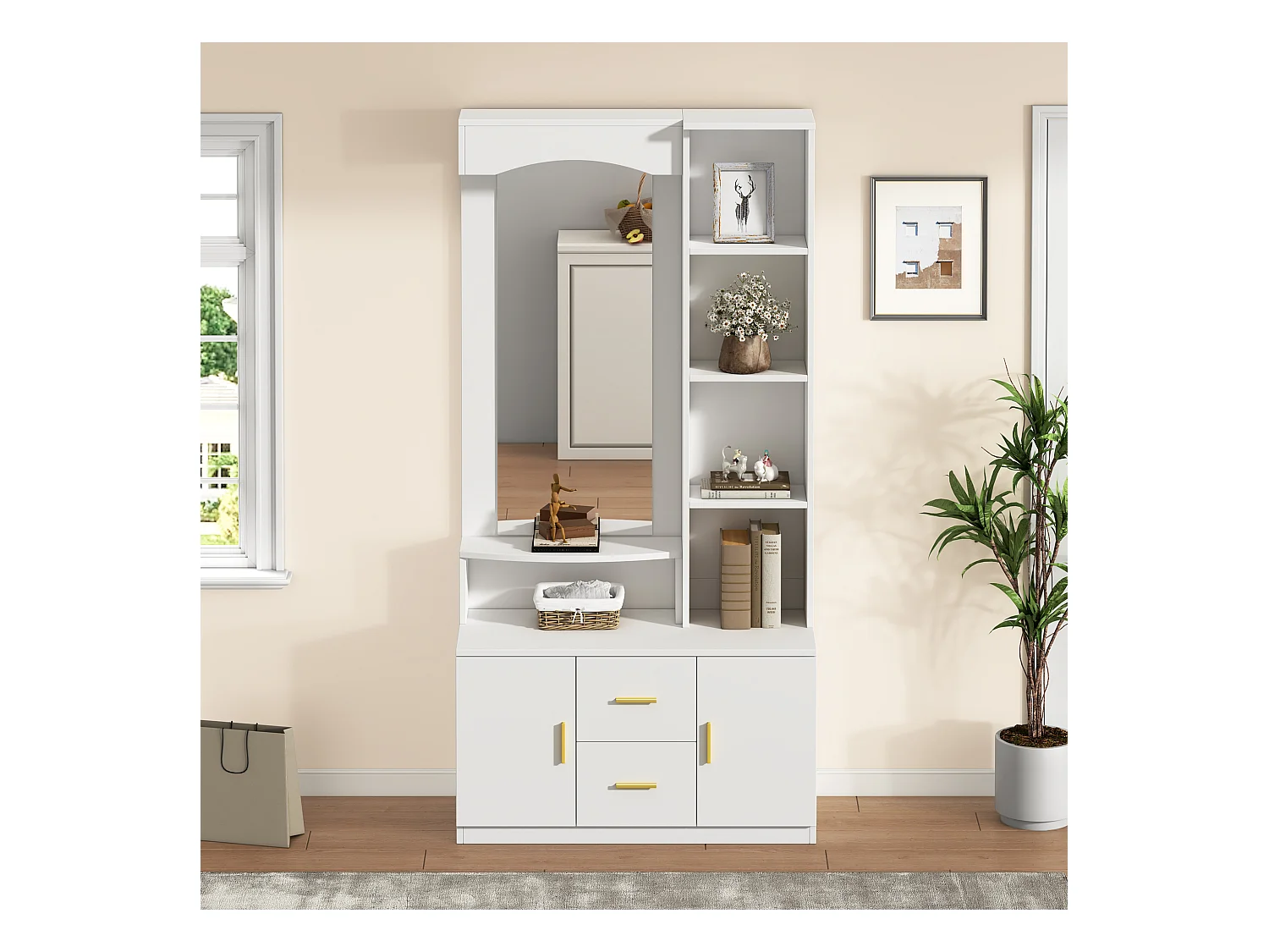 Vestiaire moderne - 90 x 40 x 180 cm - avec meuble à chaussures et miroir +  2 tiroirs et 2 portes + étagère - MDF - blanc