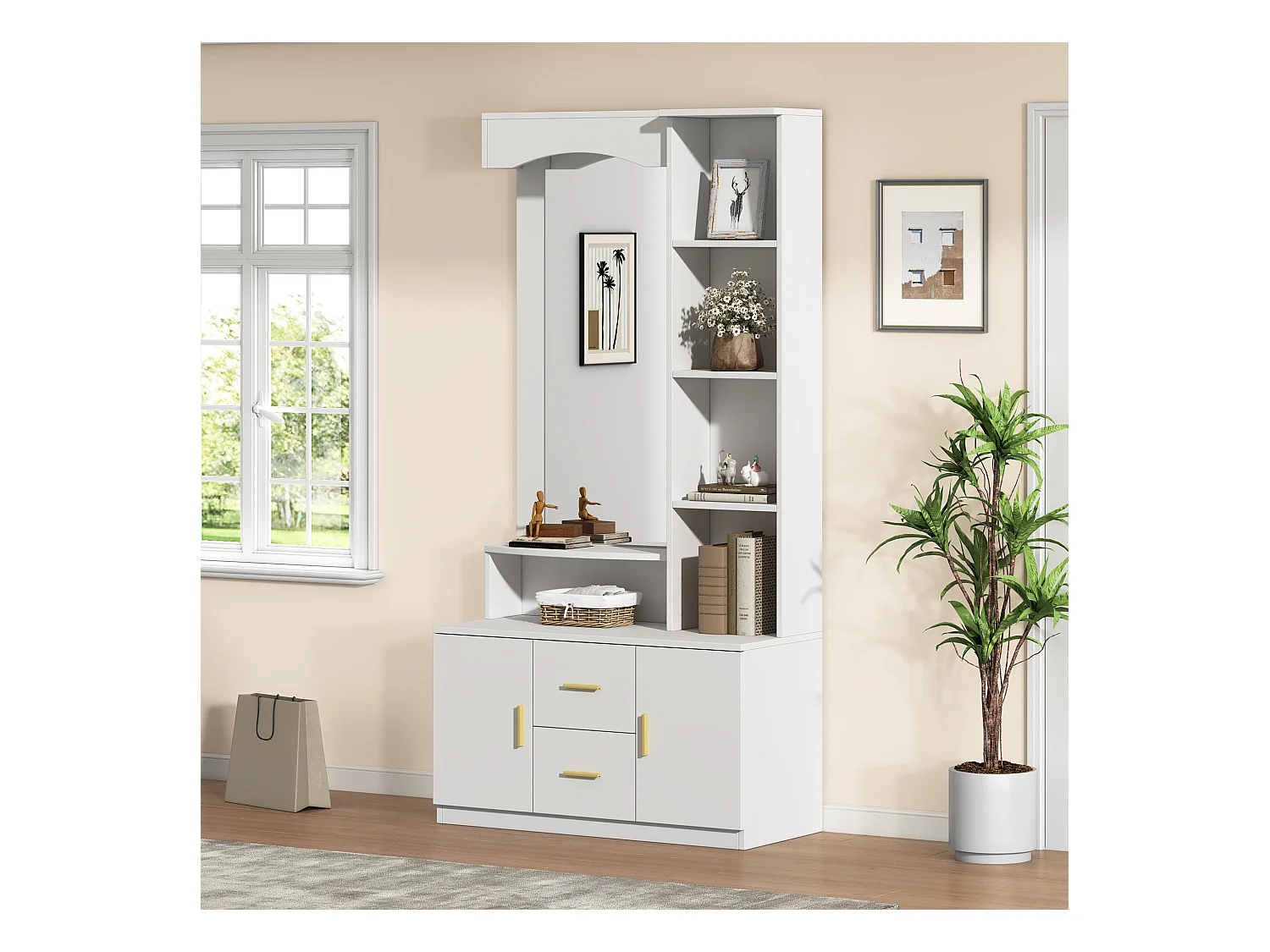 Vestiaire moderne - 90 x 40 x 180 cm - avec meuble à chaussures et miroir +  2 tiroirs et 2 portes + étagère - MDF - blanc