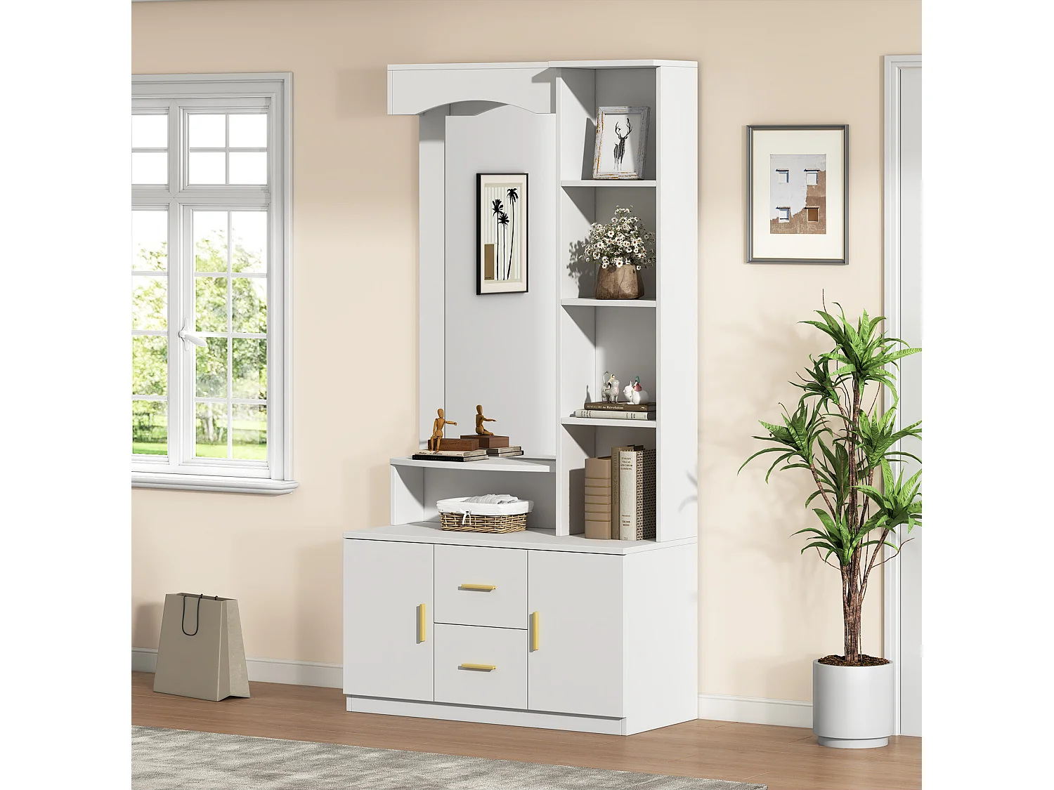 Modern garderob - 90 x 40 x 180 cm - med skoskåp och spegel + 2 lådor och 2 dörrar + hyllplan - MDF - vit