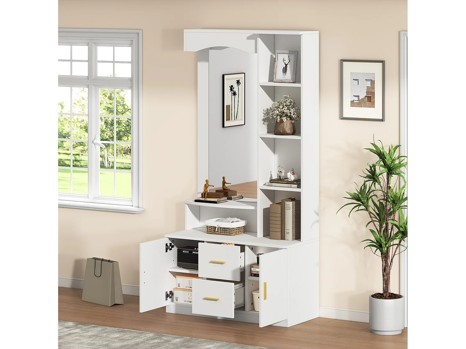 Modern garderob - 90 x 40 x 180 cm - med skoskåp och spegel + 2 lådor och 2 dörrar + hyllplan - MDF - vit