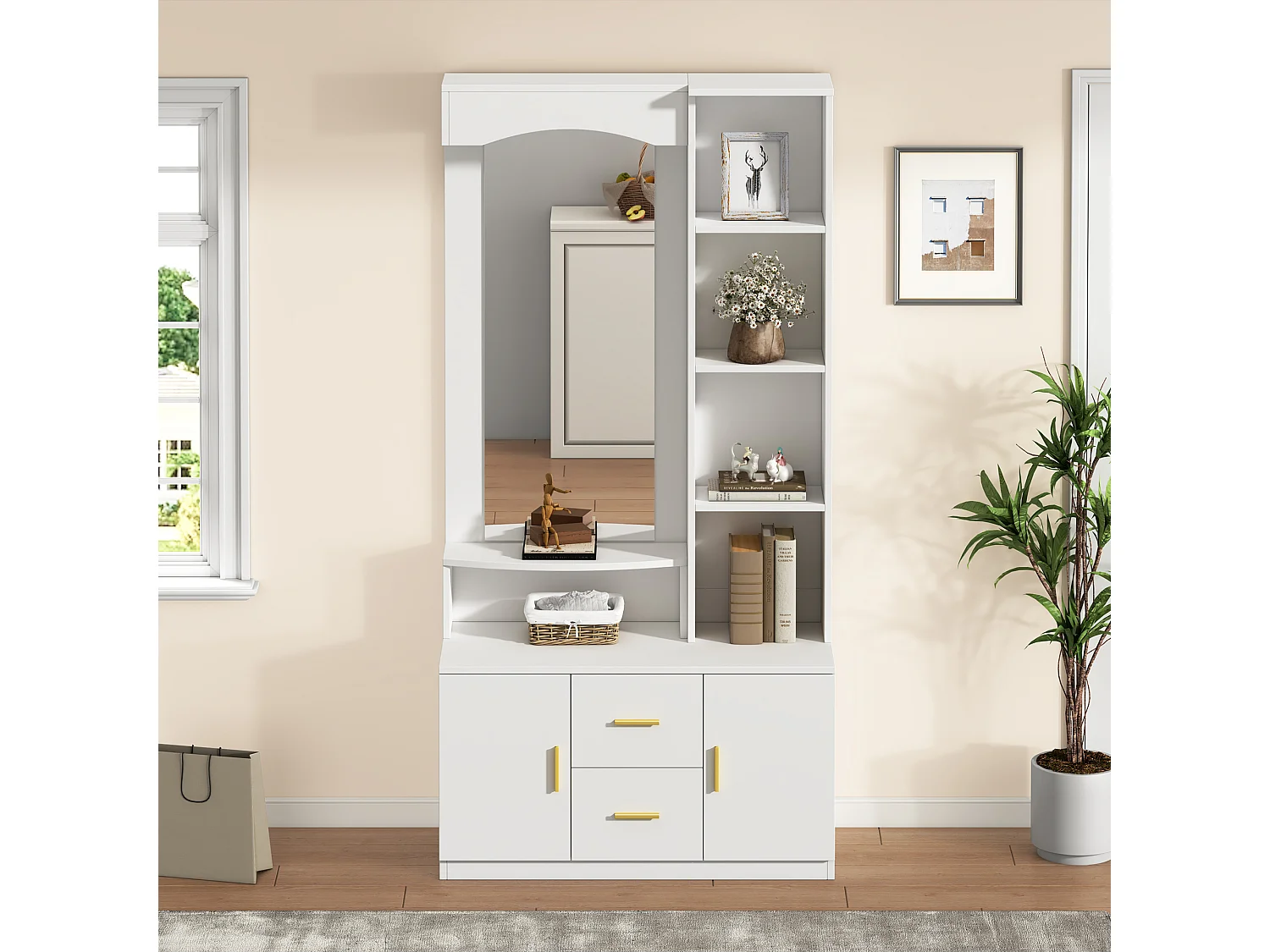 Modern garderob - 90 x 40 x 180 cm - med skoskåp och spegel + 2 lådor och 2 dörrar + hyllplan - MDF - vit