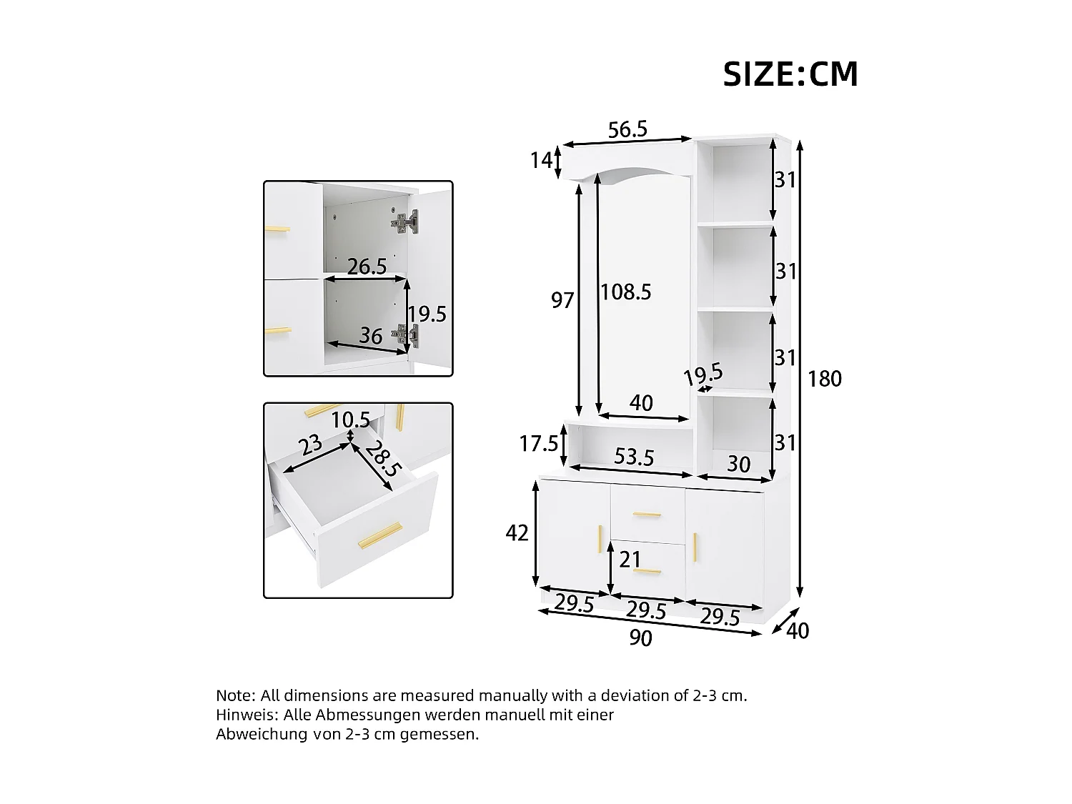 Modern garderob - 90 x 40 x 180 cm - med skoskåp och spegel + 2 lådor och 2 dörrar + hyllplan - MDF - vit