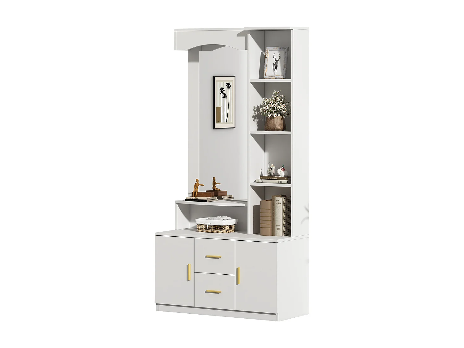 Modern garderob - 90 x 40 x 180 cm - med skoskåp och spegel + 2 lådor och 2 dörrar + hyllplan - MDF - vit