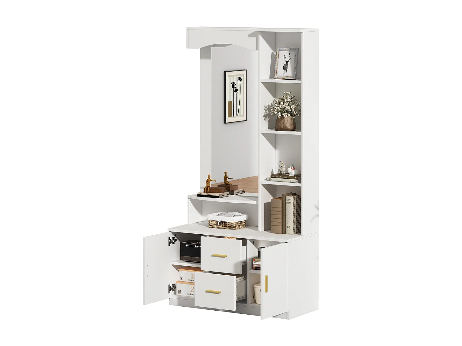 Modern garderob - 90 x 40 x 180 cm - med skoskåp och spegel + 2 lådor och 2 dörrar + hyllplan - MDF - vit