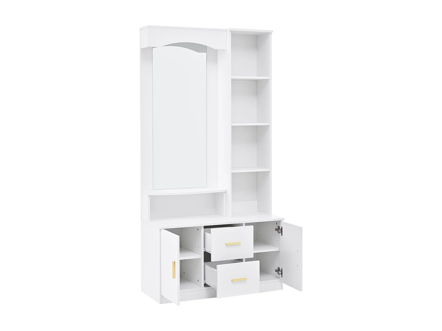 Modern garderob - 90 x 40 x 180 cm - med skoskåp och spegel + 2 lådor och 2 dörrar + hyllplan - MDF - vit