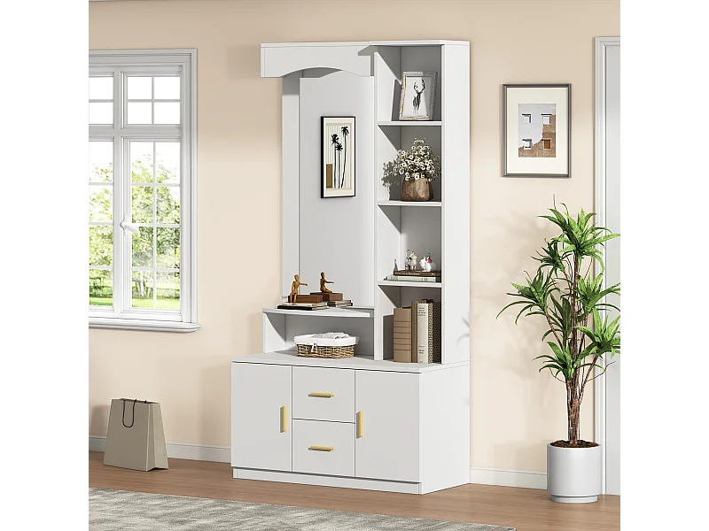 Vestiaire moderne - 90 x 40 x 180 cm - avec meuble à chaussures et miroir +  2 tiroirs et 2 portes + étagère - MDF - blanc