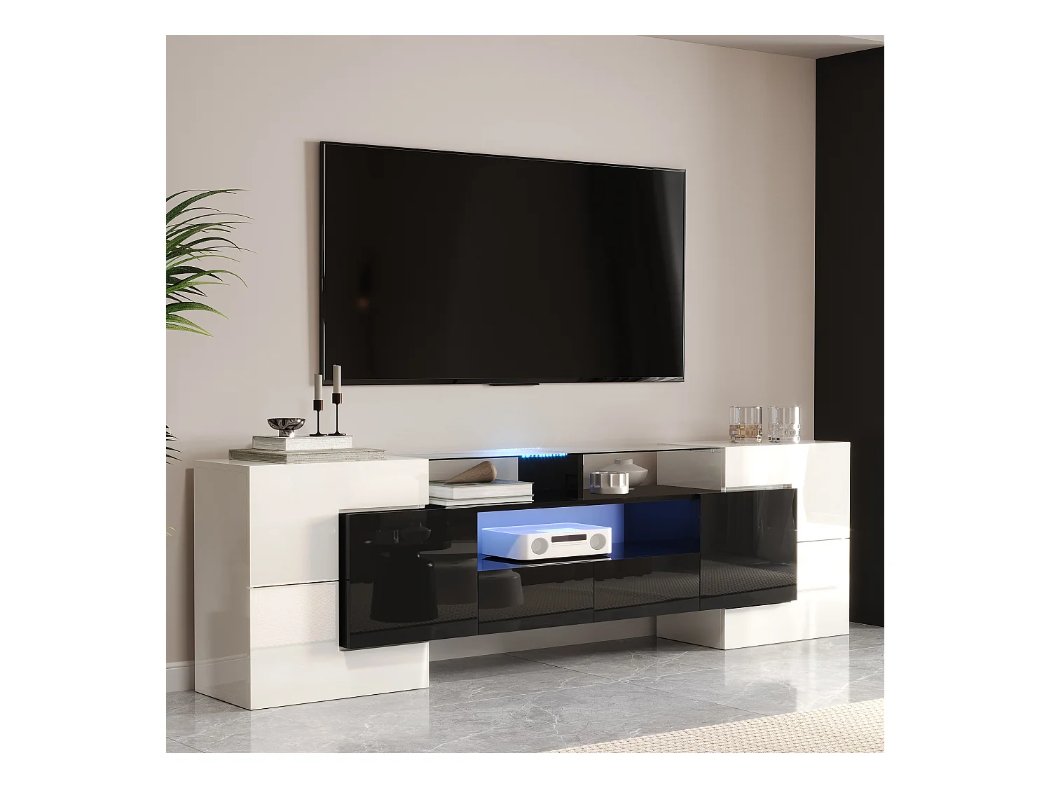 Meuble Banc TV - 200 x 35 x 60 cm - avec Leds + surface en verre + 4 portes- aggloméré - blanc