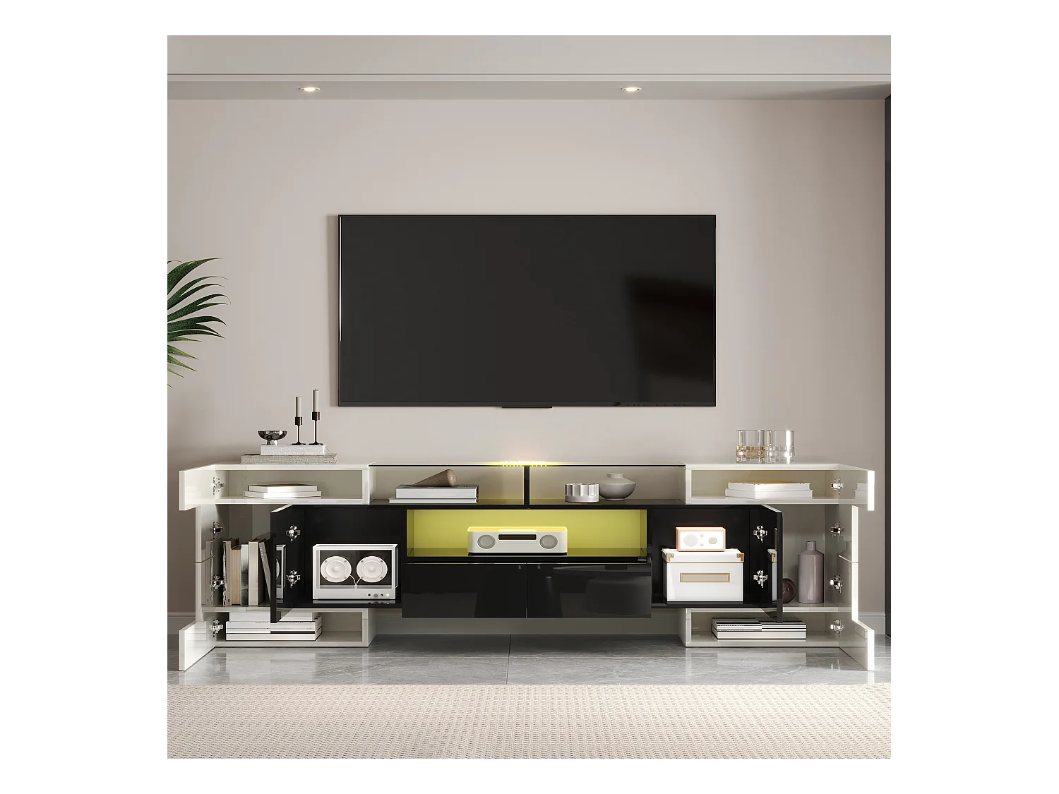 Meuble Banc TV - 200 x 35 x 60 cm - avec Leds + surface en verre + 4 portes- aggloméré - blanc