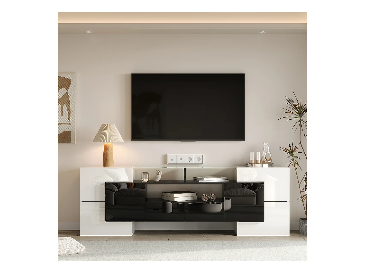 Meuble Banc TV - 200 x 35 x 60 cm - avec Leds + surface en verre + 4 portes- aggloméré - blanc
