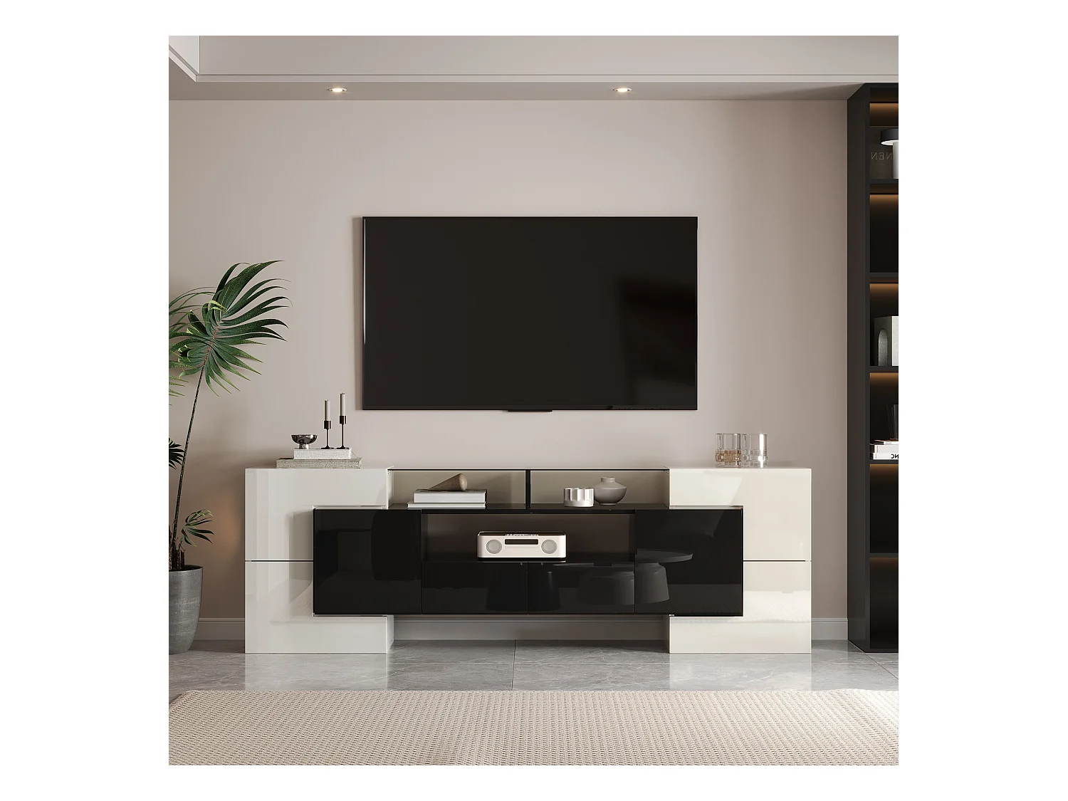 Meuble Banc TV - 200 x 35 x 60 cm - avec Leds + surface en verre + 4 portes- aggloméré - blanc