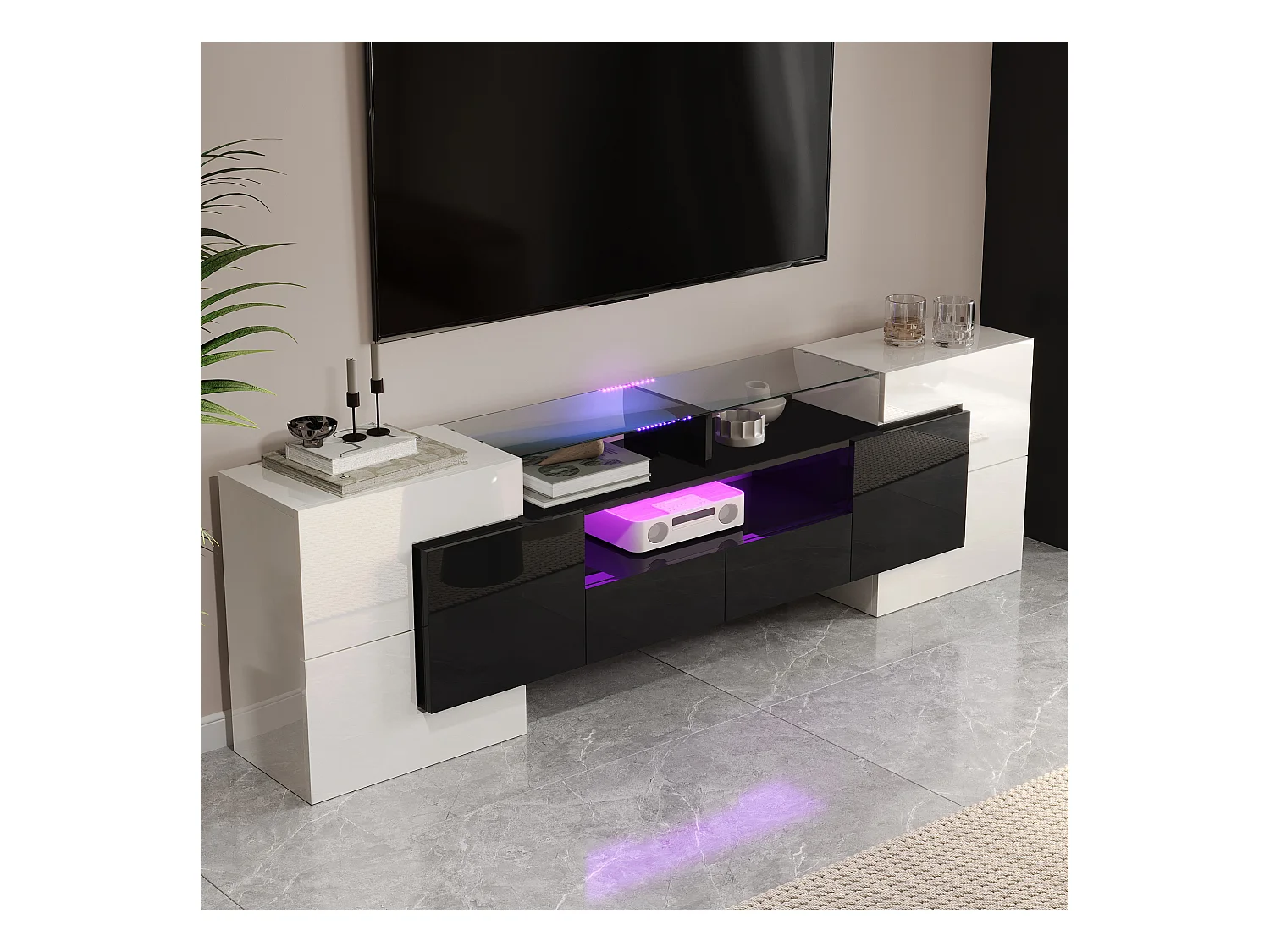 Meuble Banc TV - 200 x 35 x 60 cm - avec Leds + surface en verre + 4 portes- aggloméré - blanc