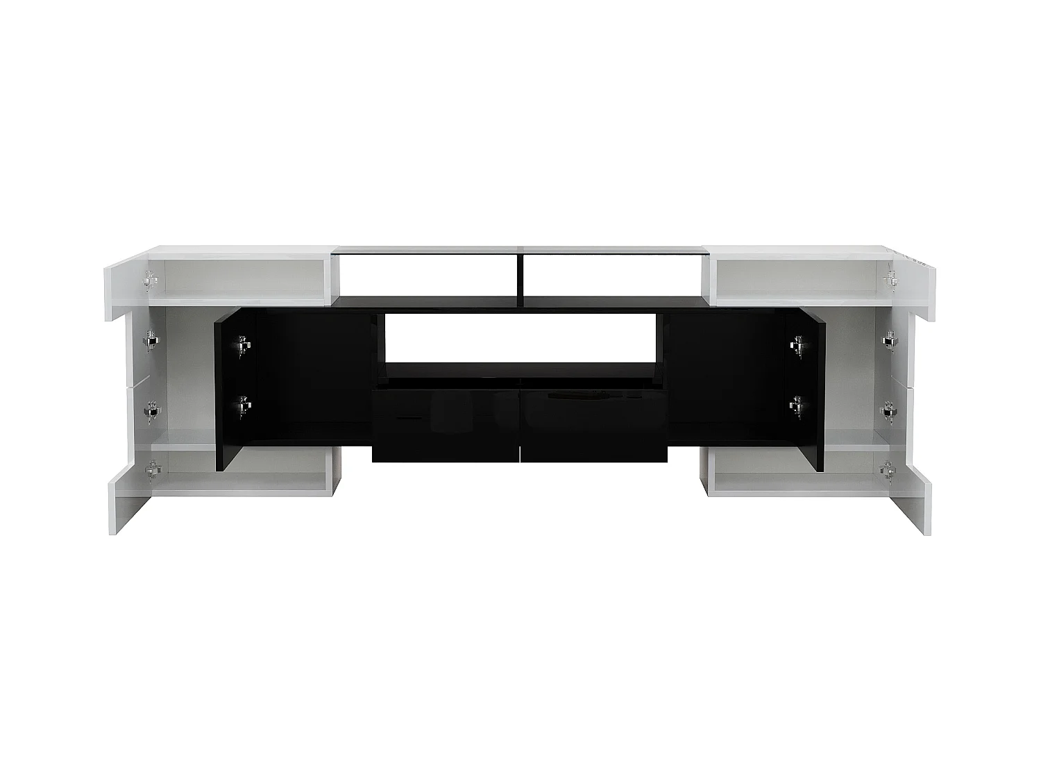 Meuble Banc TV - 200 x 35 x 60 cm - avec Leds + surface en verre + 4 portes- aggloméré - blanc