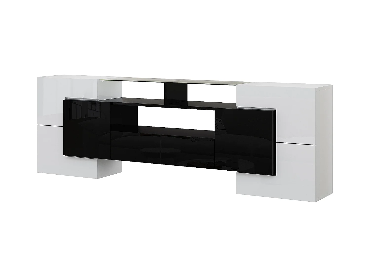 Meuble Banc TV - 200 x 35 x 60 cm - avec Leds + surface en verre + 4 portes- aggloméré - blanc