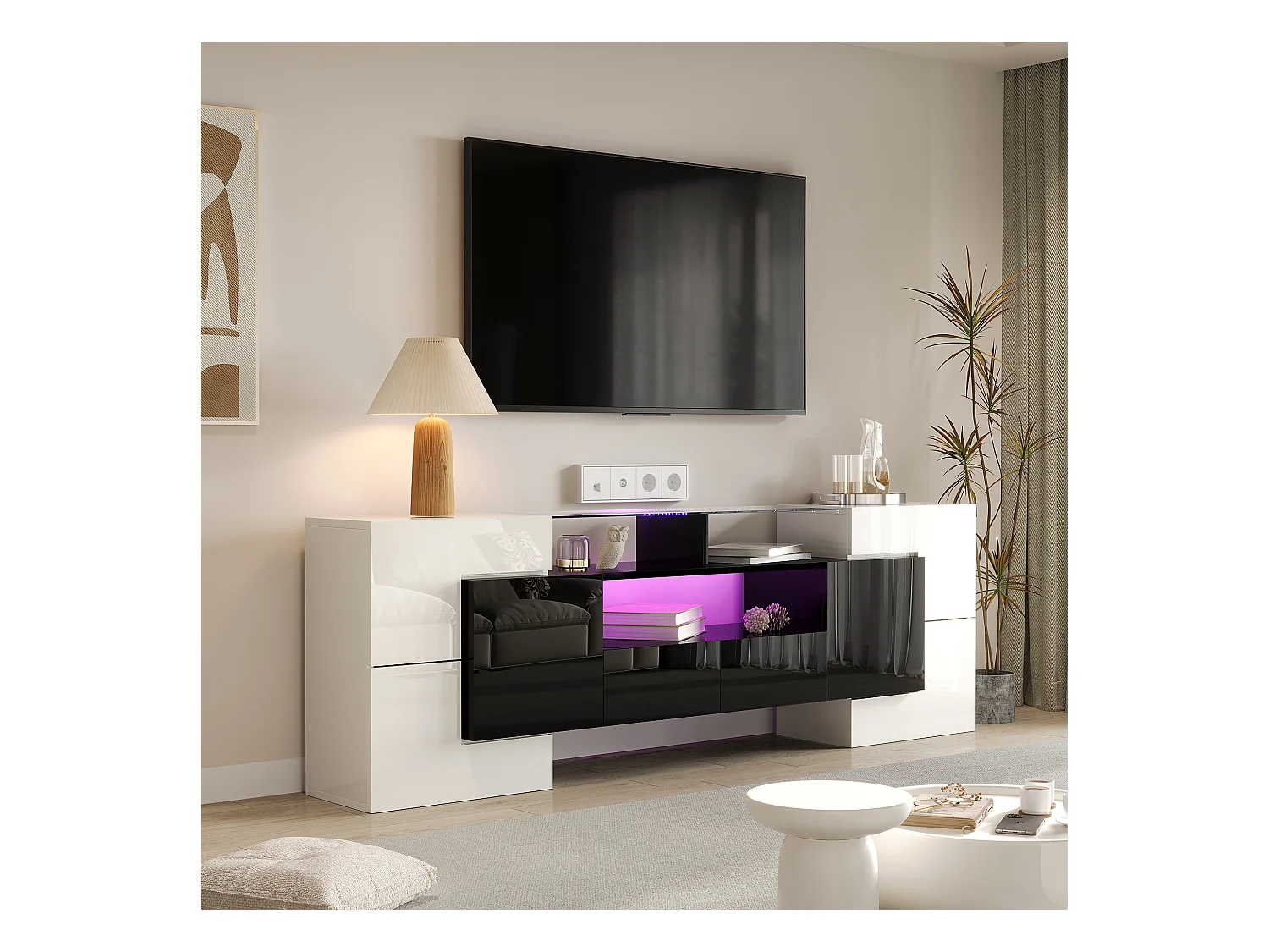 Meuble Banc TV - 200 x 35 x 60 cm - avec Leds + surface en verre + 4 portes- aggloméré - blanc