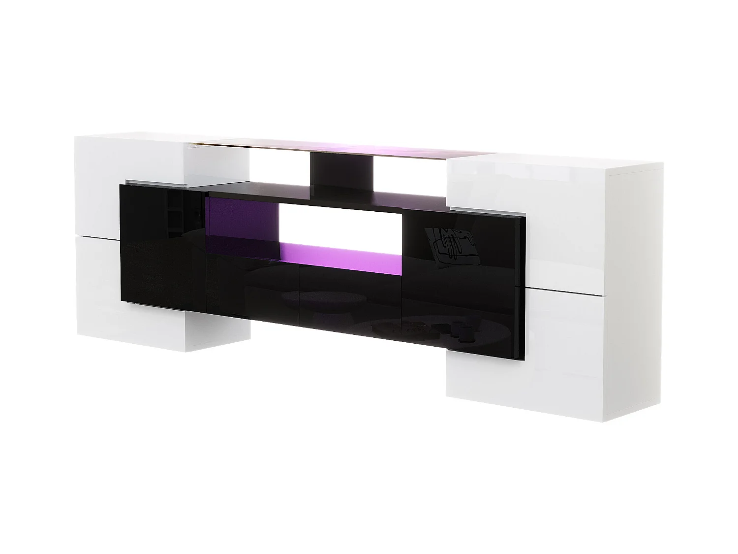Meuble Banc TV - 200 x 35 x 60 cm - avec Leds + surface en verre + 4 portes- aggloméré - blanc