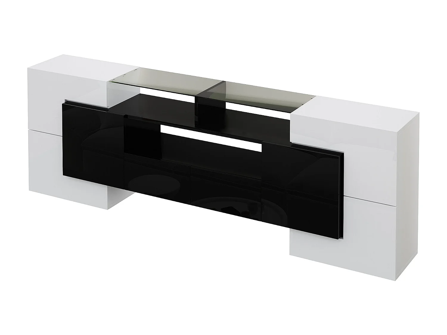 Meuble Banc TV - 200 x 35 x 60 cm - avec Leds + surface en verre + 4 portes- aggloméré - blanc