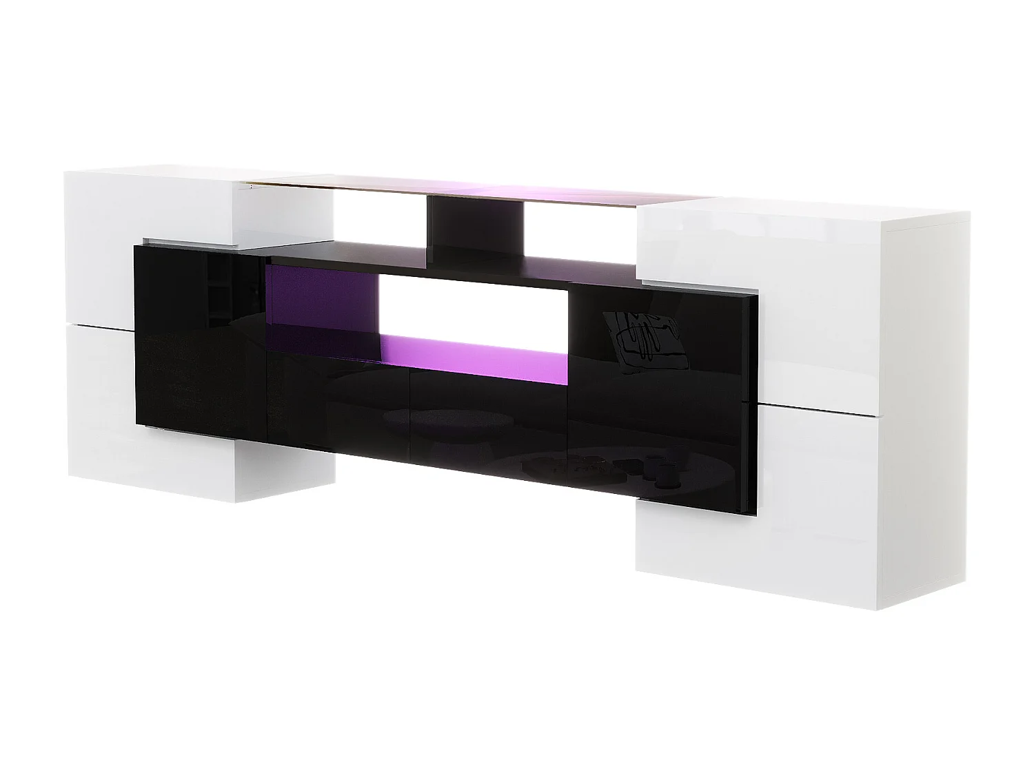 Meuble Banc TV - 200 x 35 x 60 cm - avec Leds + surface en verre + 4 portes- aggloméré - blanc