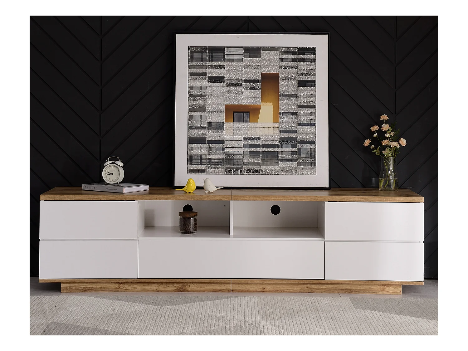 Meuble TV 180 cm - 5 portes et 2 niches - MDF - placage naturel et blanc