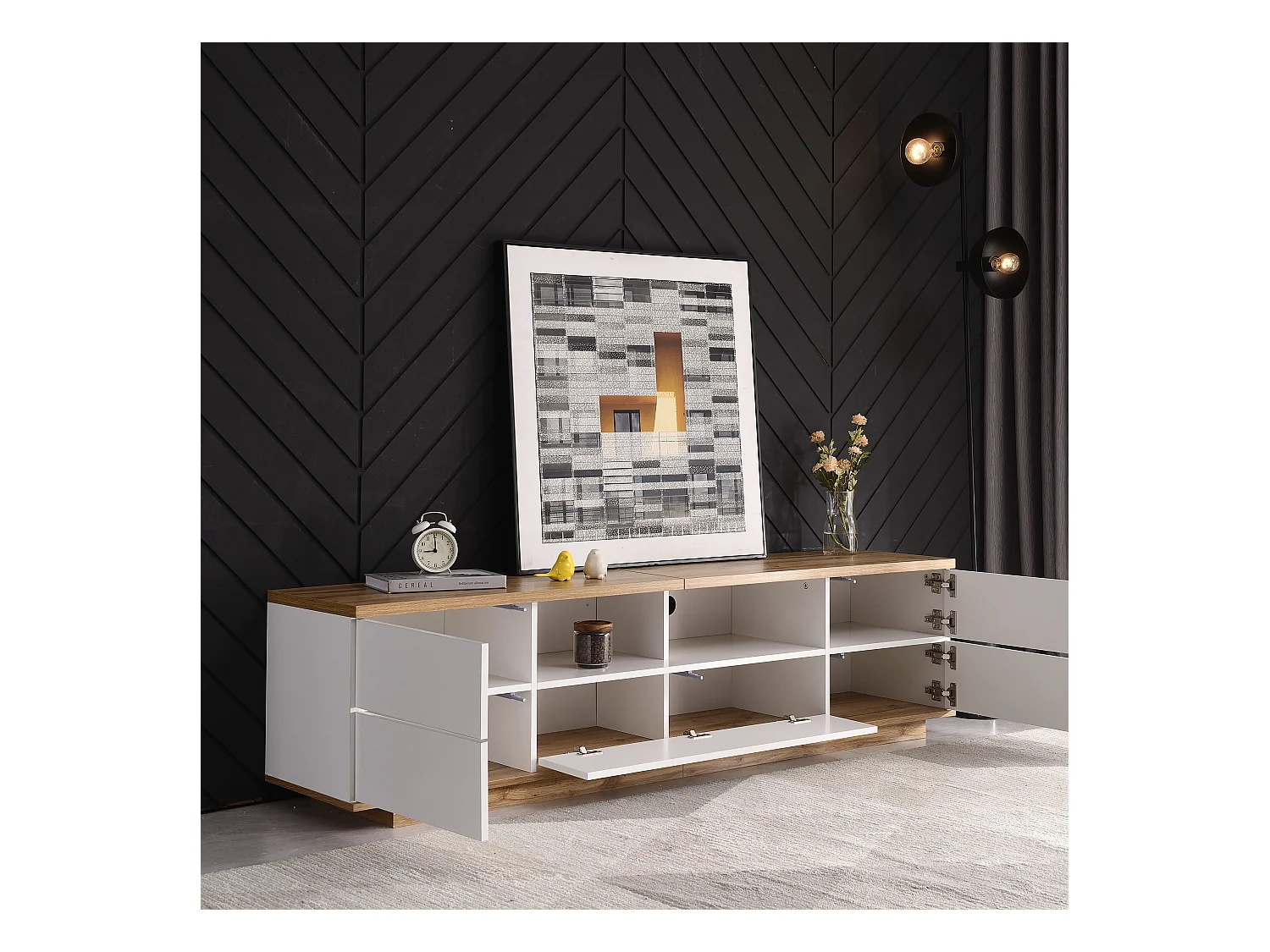 Meuble TV 180 cm - 5 portes et 2 niches - MDF - placage naturel et blanc