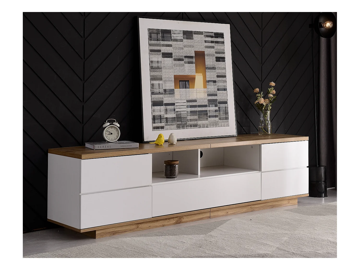 Meuble TV 180 cm - 5 portes et 2 niches - MDF - placage naturel et blanc