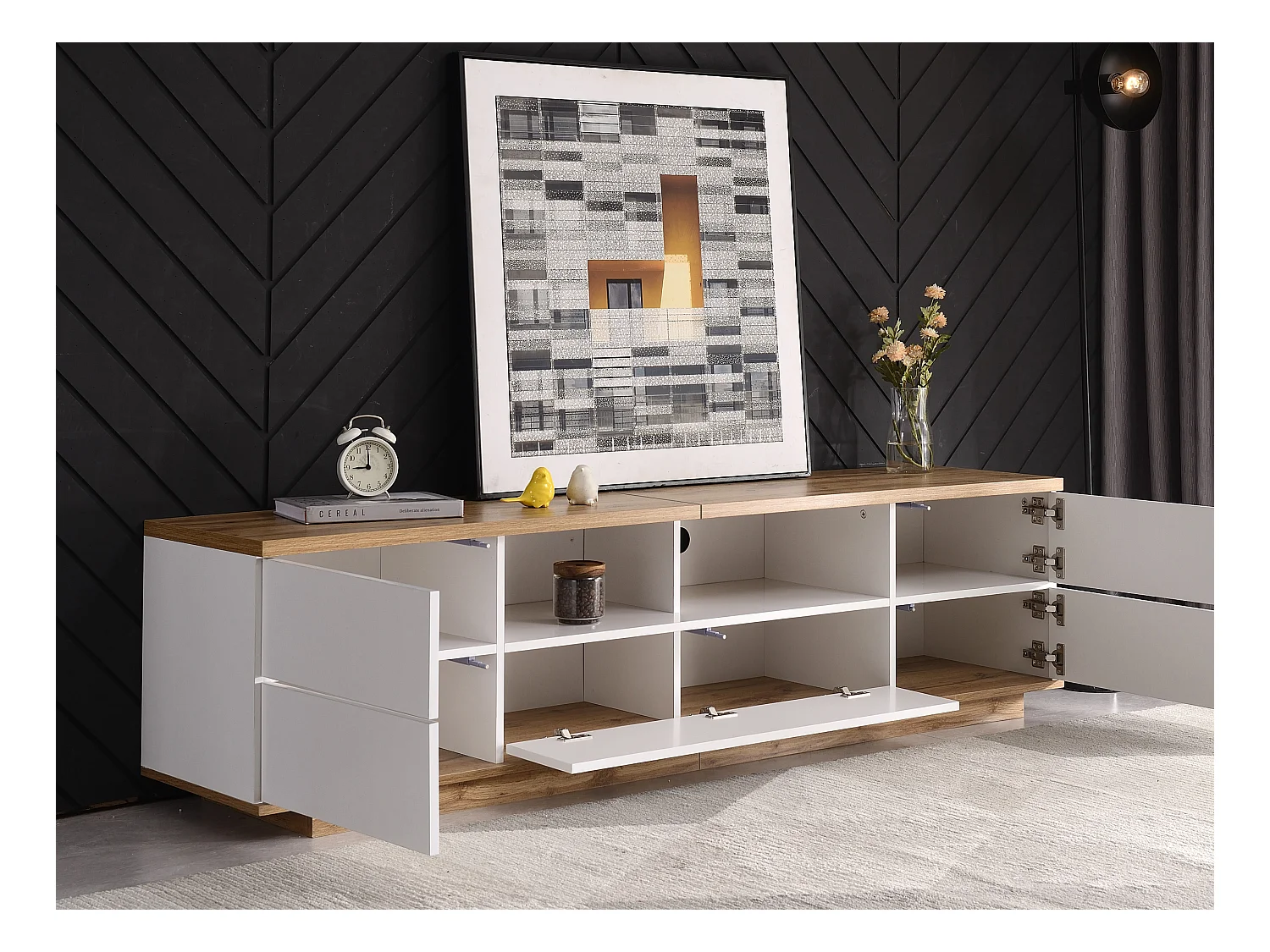 Meuble TV 180 cm - 5 portes et 2 niches - MDF - placage naturel et blanc