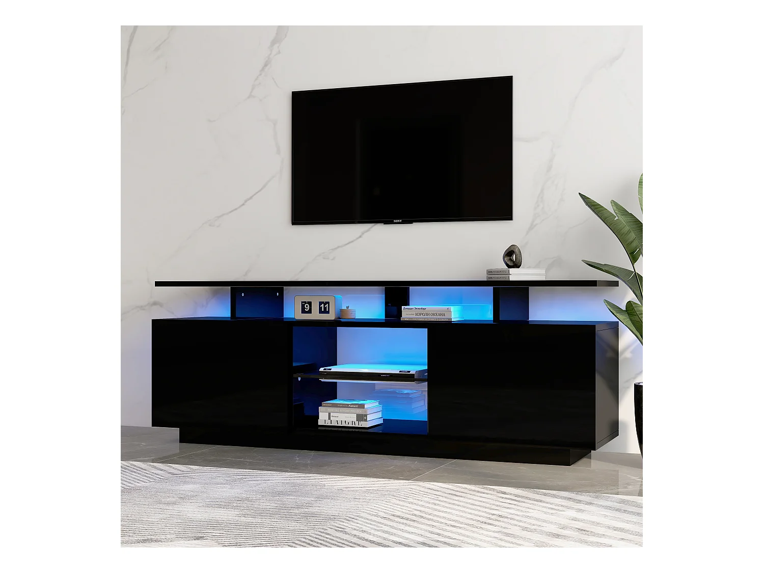 Meuble TV avec 2 portes et étagères pour téléviseur 60" - 140 x 35 x 55 cm - LEDs - Panneaux de particules - Noir brillant