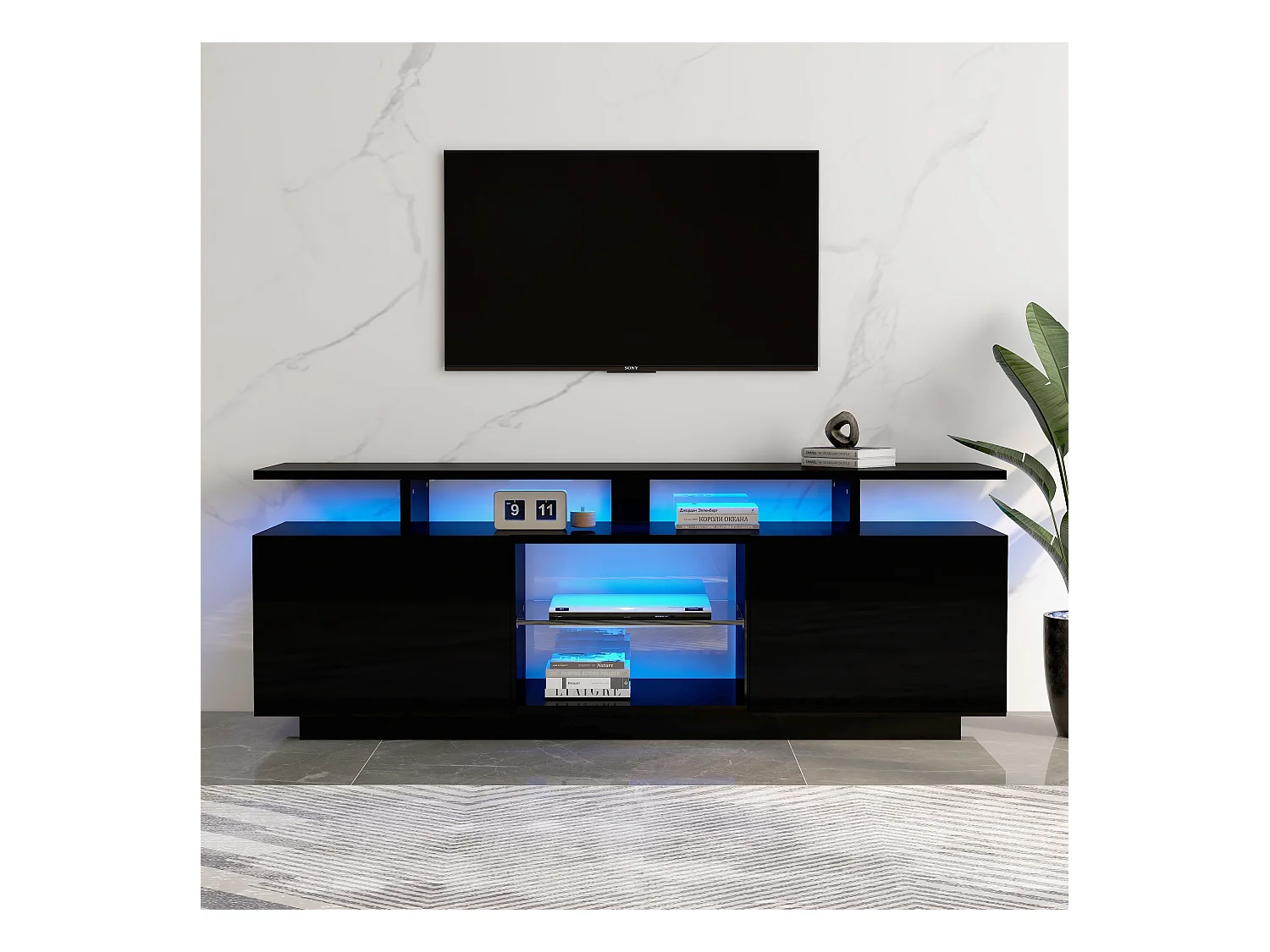 Meuble TV avec 2 portes et étagères pour téléviseur 60" - 140 x 35 x 55 cm - LEDs - Panneaux de particules - Noir brillant