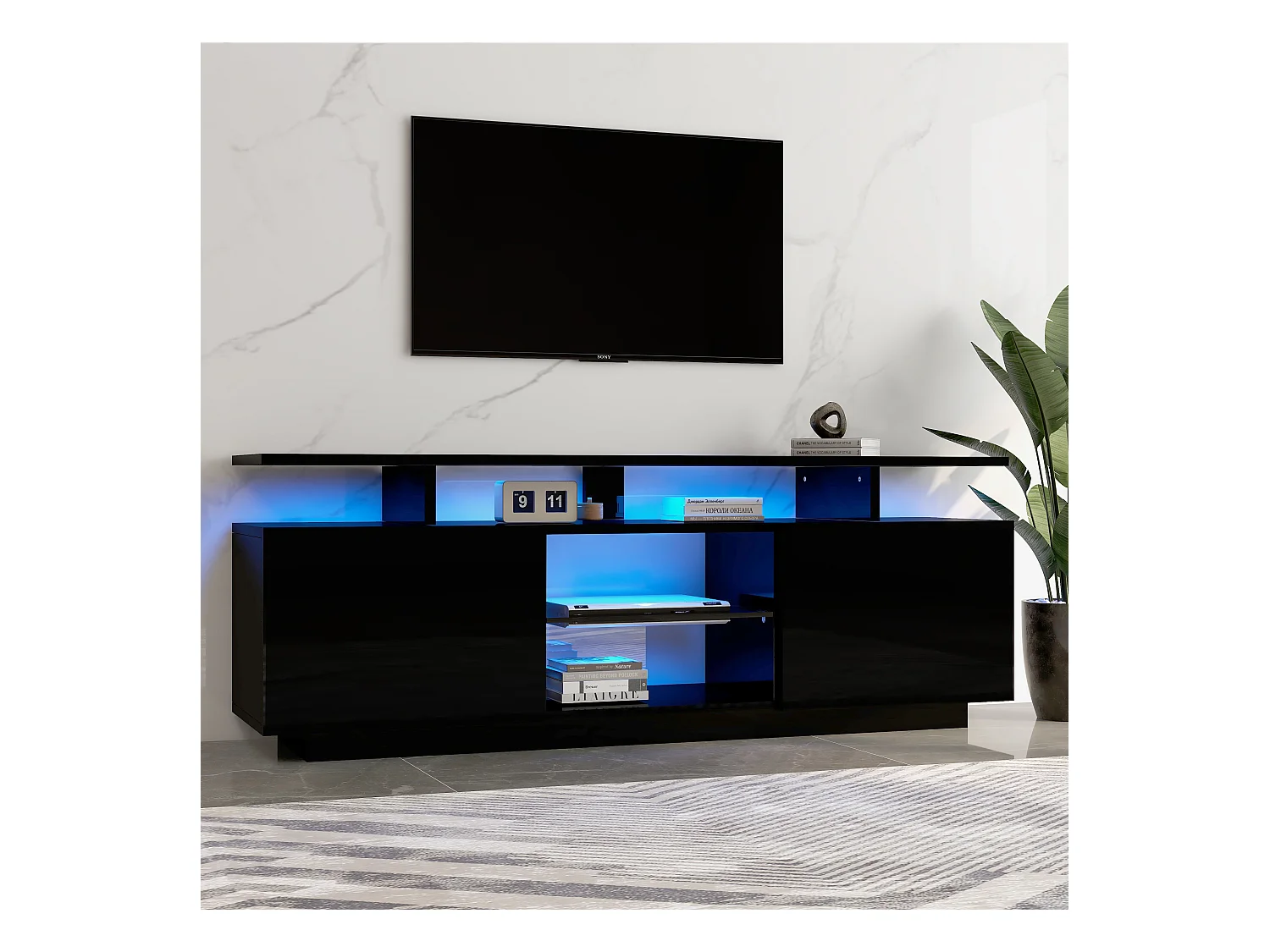 Meuble TV avec 2 portes et étagères pour téléviseur 60" - 140 x 35 x 55 cm - LEDs - Panneaux de particules - Noir brillant