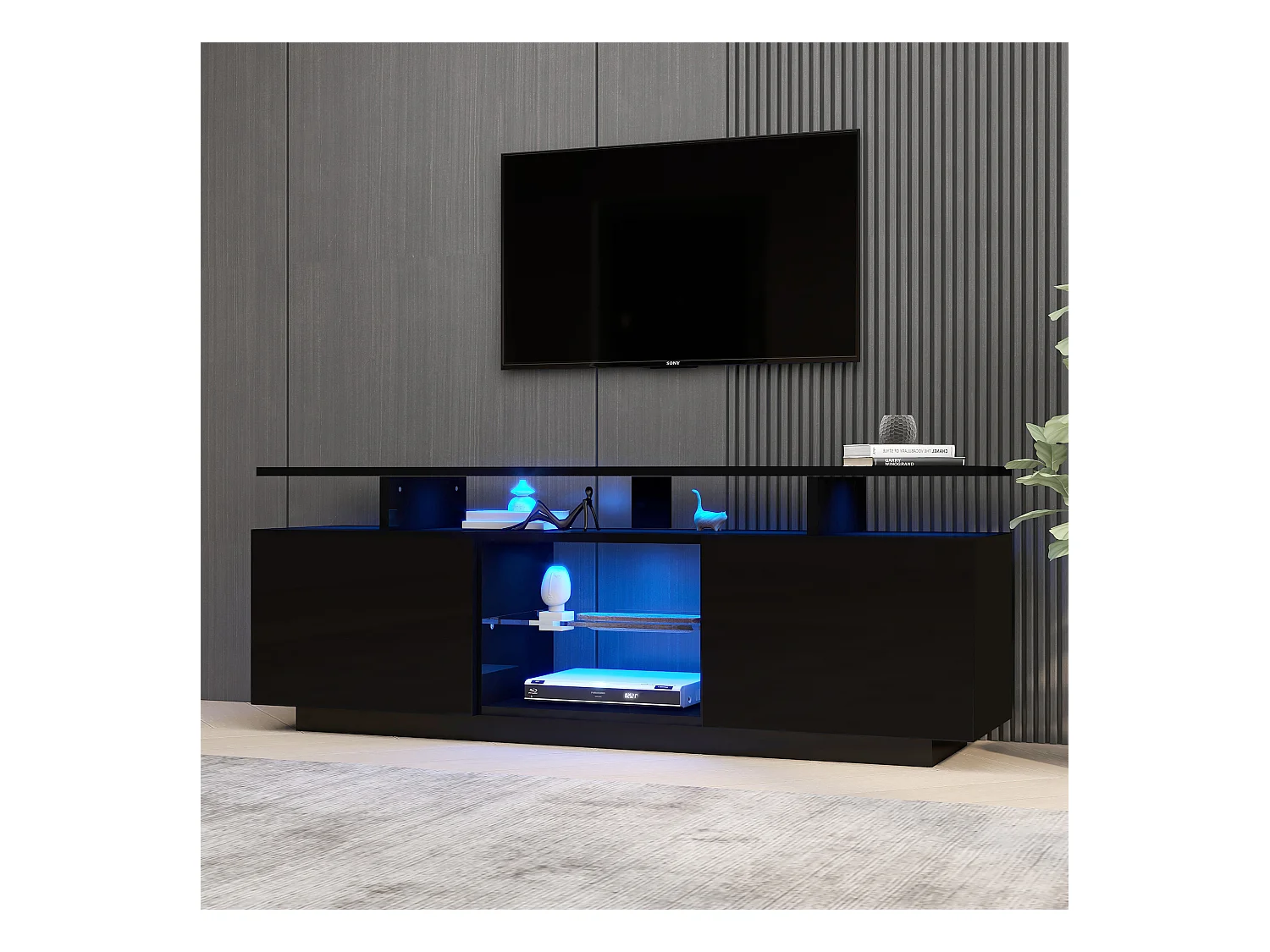 Meuble TV avec 2 portes et étagères pour téléviseur 60" - 140 x 35 x 55 cm - LEDs - Panneaux de particules - Noir brillant