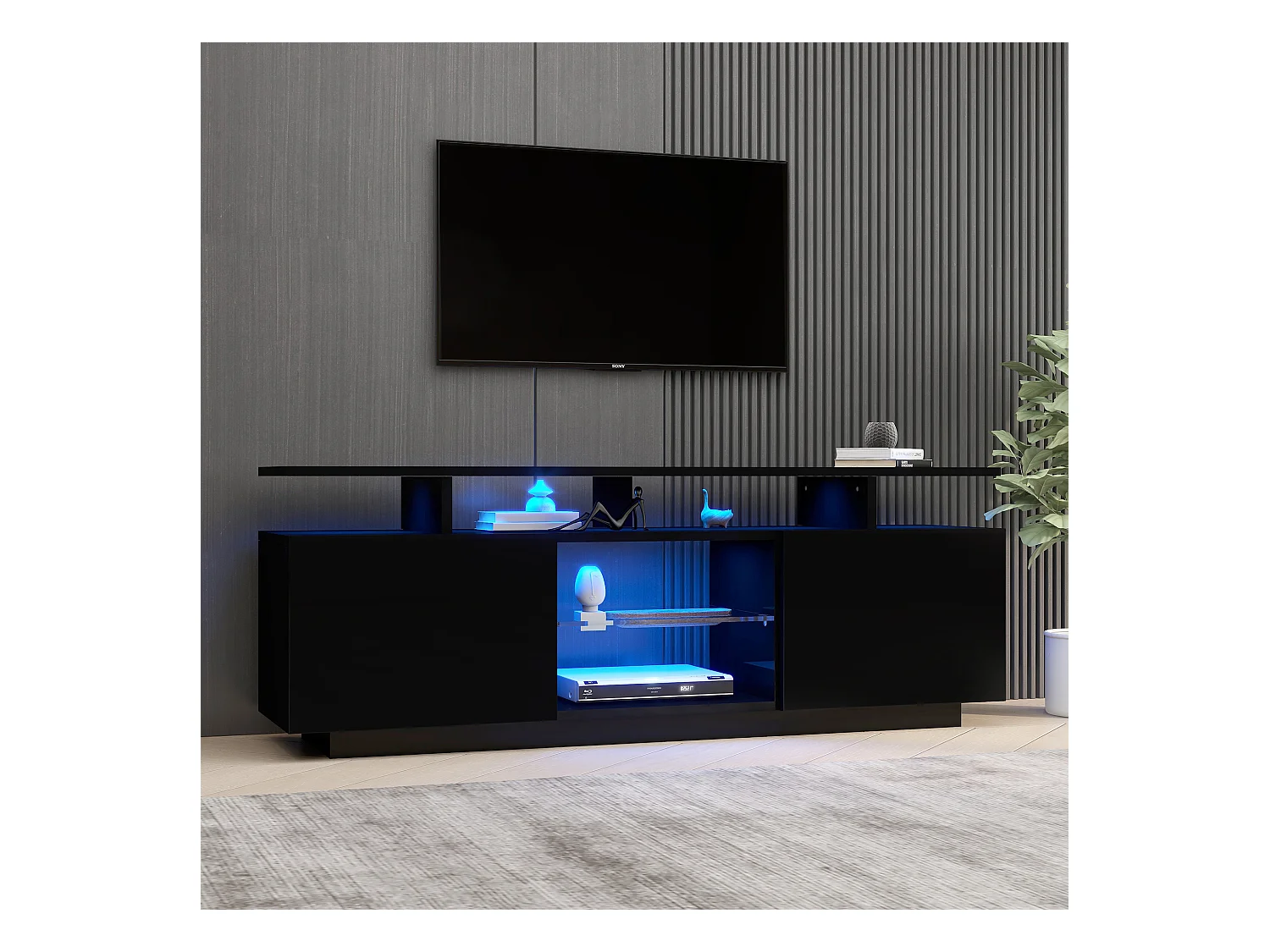 Meuble TV avec 2 portes et étagères pour téléviseur 60" - 140 x 35 x 55 cm - LEDs - Panneaux de particules - Noir brillant