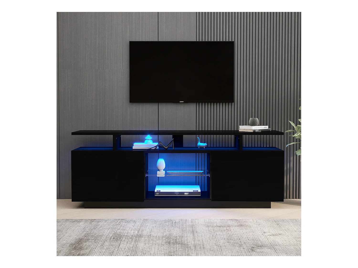 Meuble TV avec 2 portes et étagères pour téléviseur 60" - 140 x 35 x 55 cm - LEDs - Panneaux de particules - Noir brillant