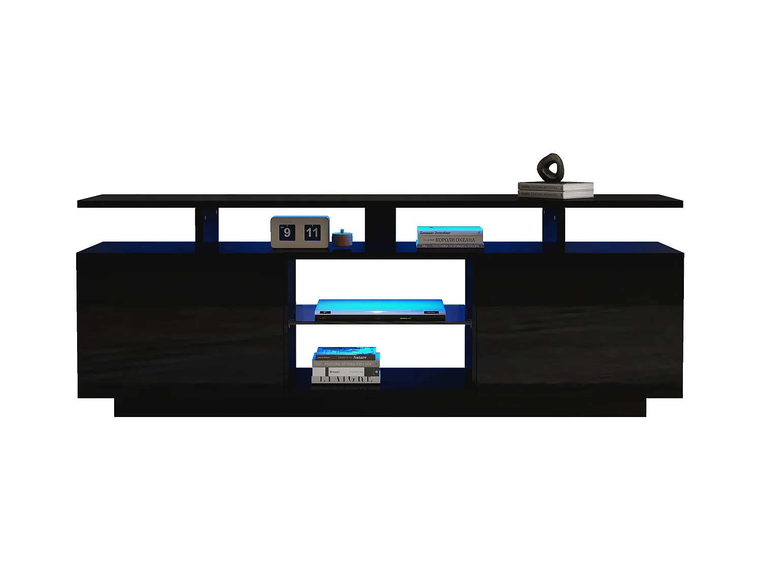 Meuble TV avec 2 portes et étagères pour téléviseur 60" - 140 x 35 x 55 cm - LEDs - Panneaux de particules - Noir brillant