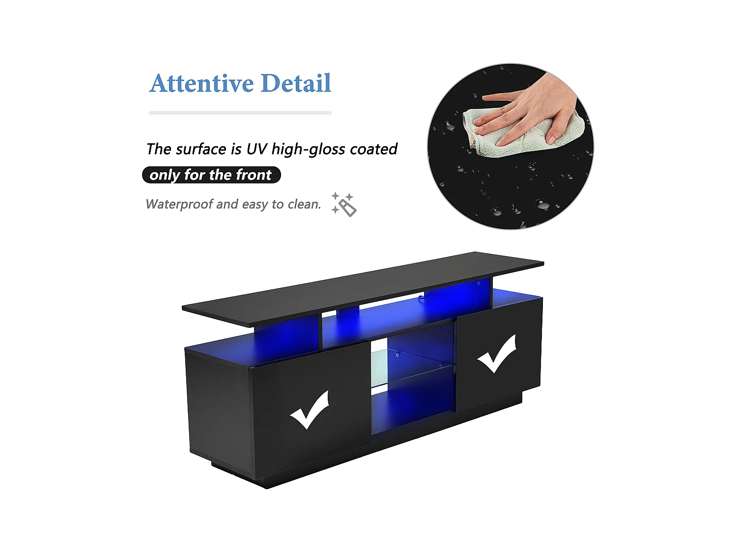 Meuble TV avec 2 portes et étagères pour téléviseur 60" - 140 x 35 x 55 cm - LEDs - Panneaux de particules - Noir brillant