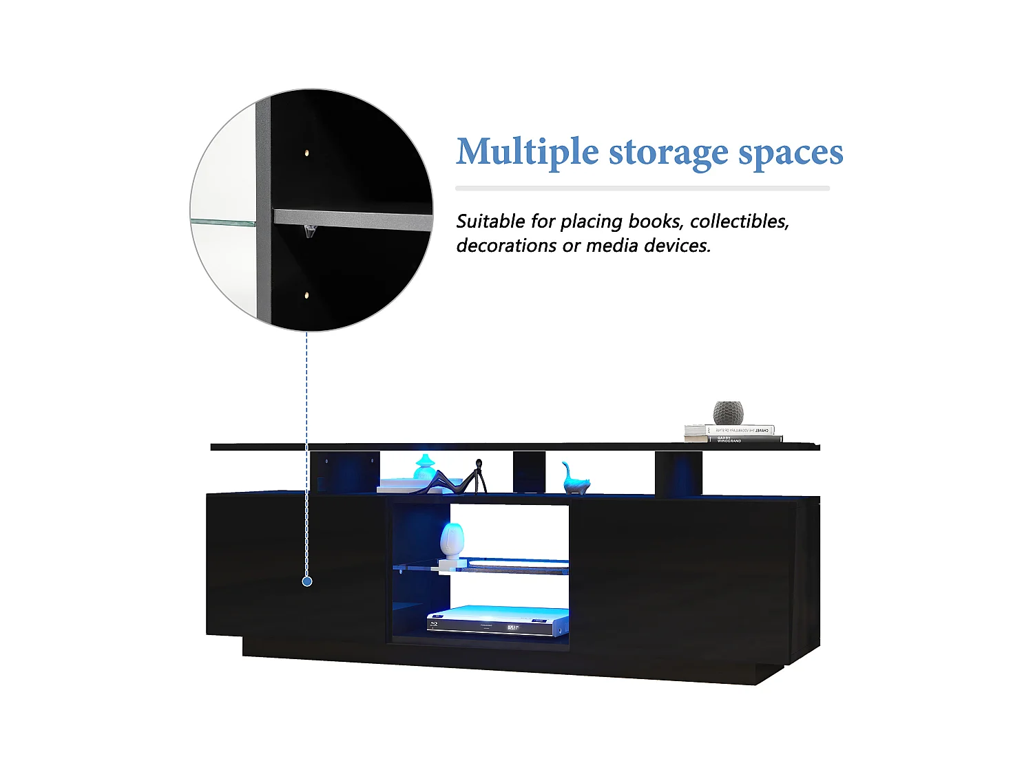 Meuble TV avec 2 portes et étagères pour téléviseur 60" - 140 x 35 x 55 cm - LEDs - Panneaux de particules - Noir brillant