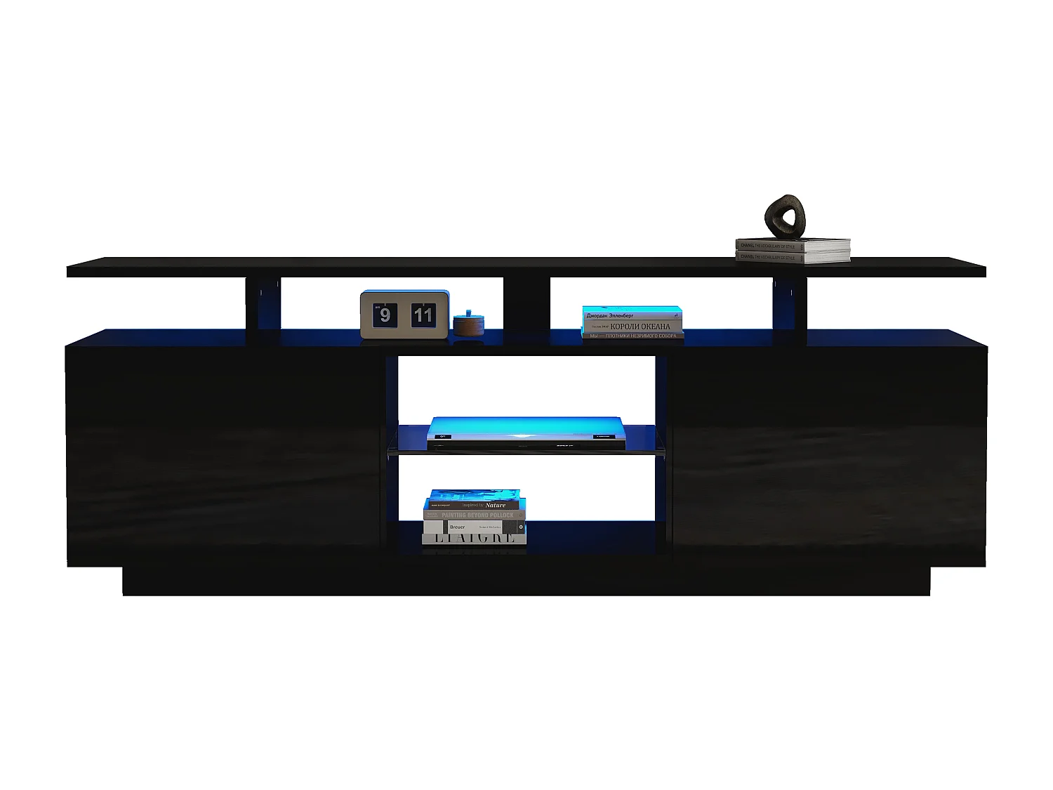 Meuble TV avec 2 portes et étagères pour téléviseur 60" - 140 x 35 x 55 cm - LEDs - Panneaux de particules - Noir brillant