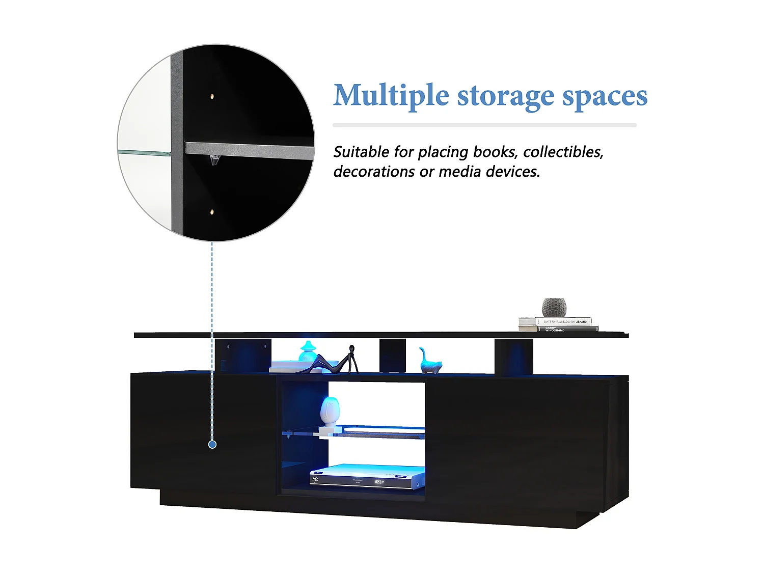 Meuble TV avec 2 portes et étagères pour téléviseur 60" - 140 x 35 x 55 cm - LEDs - Panneaux de particules - Noir brillant