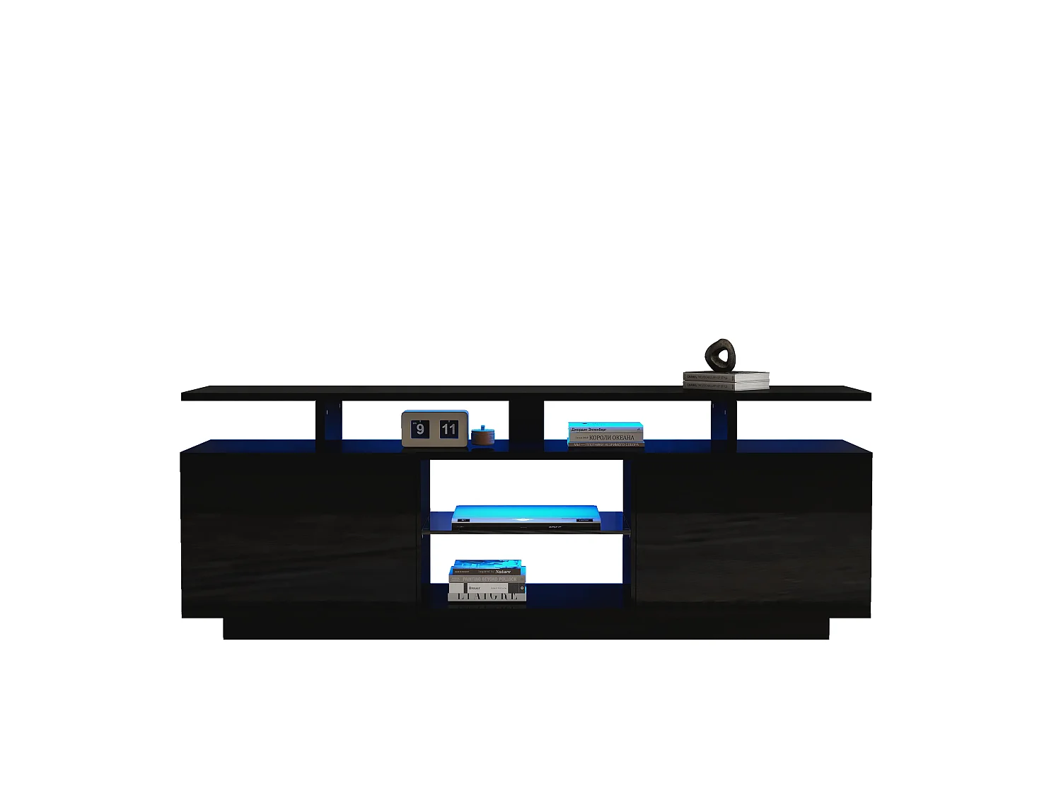 Meuble TV avec 2 portes et étagères pour téléviseur 60" - 140 x 35 x 55 cm - LEDs - Panneaux de particules - Noir brillant