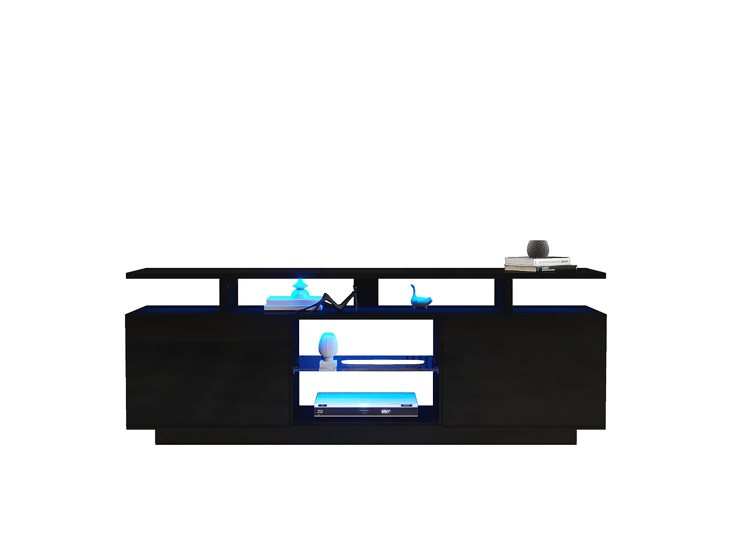 Meuble TV avec 2 portes et étagères pour téléviseur 60" - 140 x 35 x 55 cm - LEDs - Panneaux de particules - Noir brillant