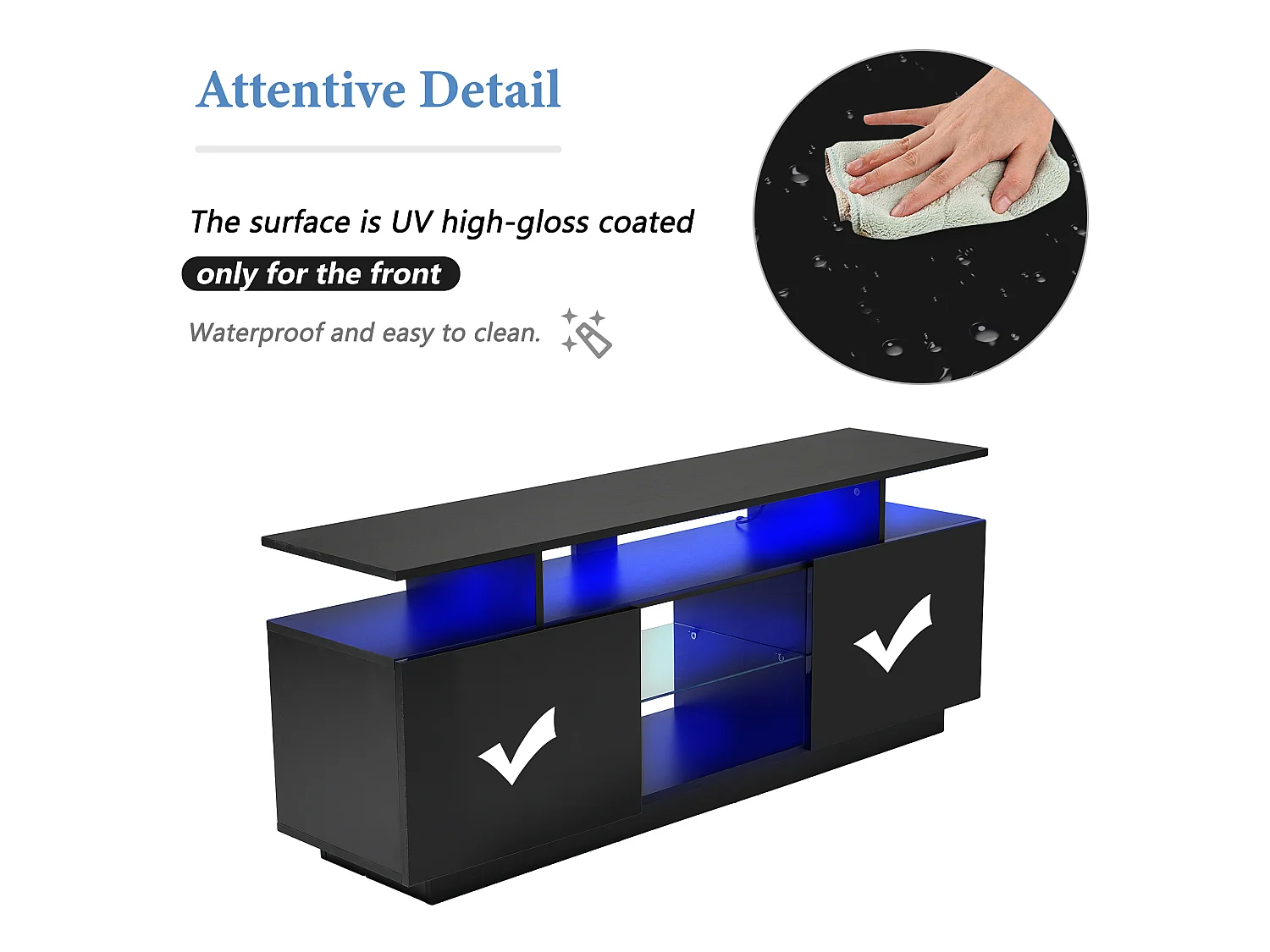 Meuble TV avec 2 portes et étagères pour téléviseur 60" - 140 x 35 x 55 cm - LEDs - Panneaux de particules - Noir brillant