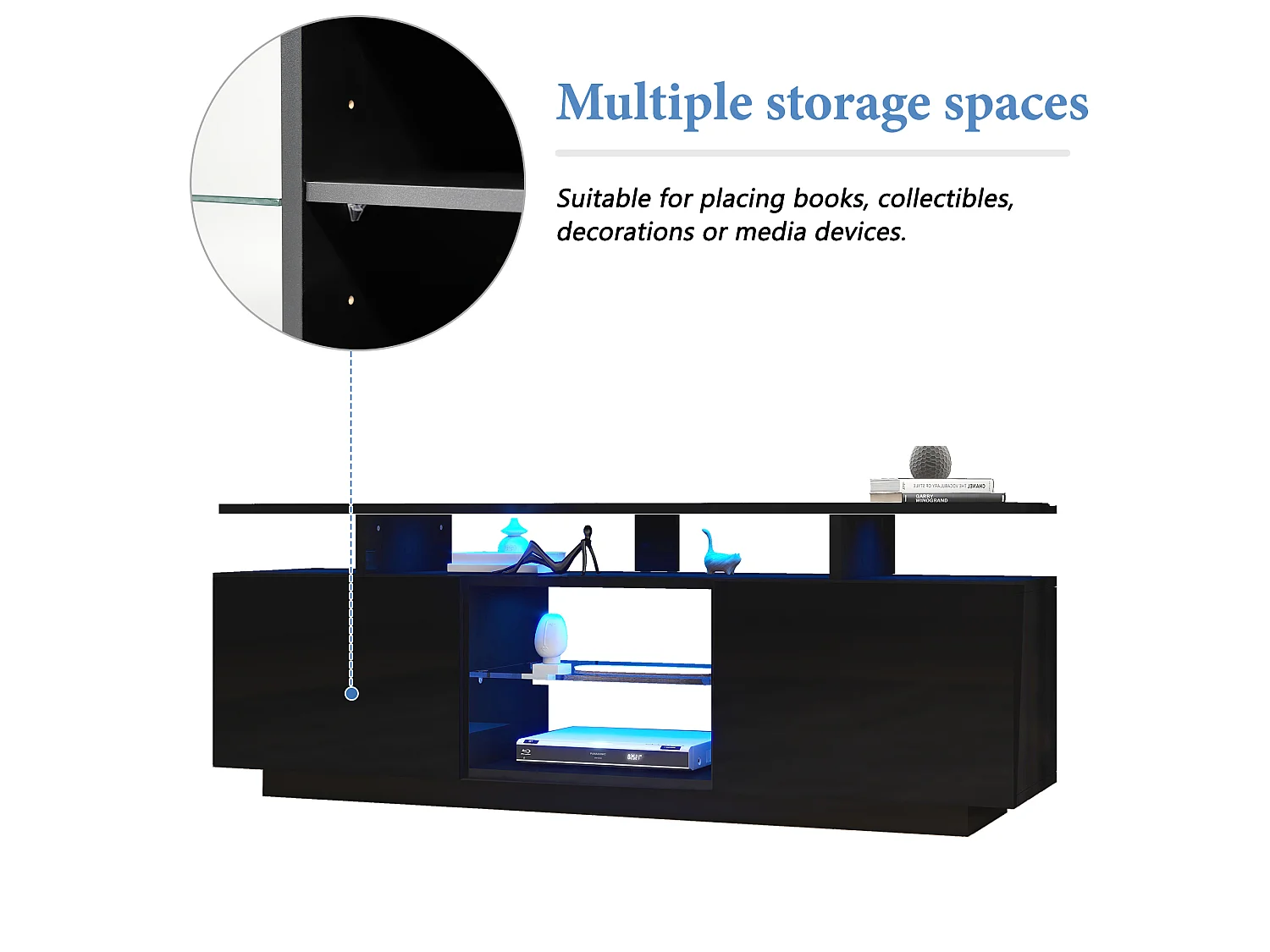 Meuble TV avec 2 portes et étagères pour téléviseur 60" - 140 x 35 x 55 cm - LEDs - Panneaux de particules - Noir brillant